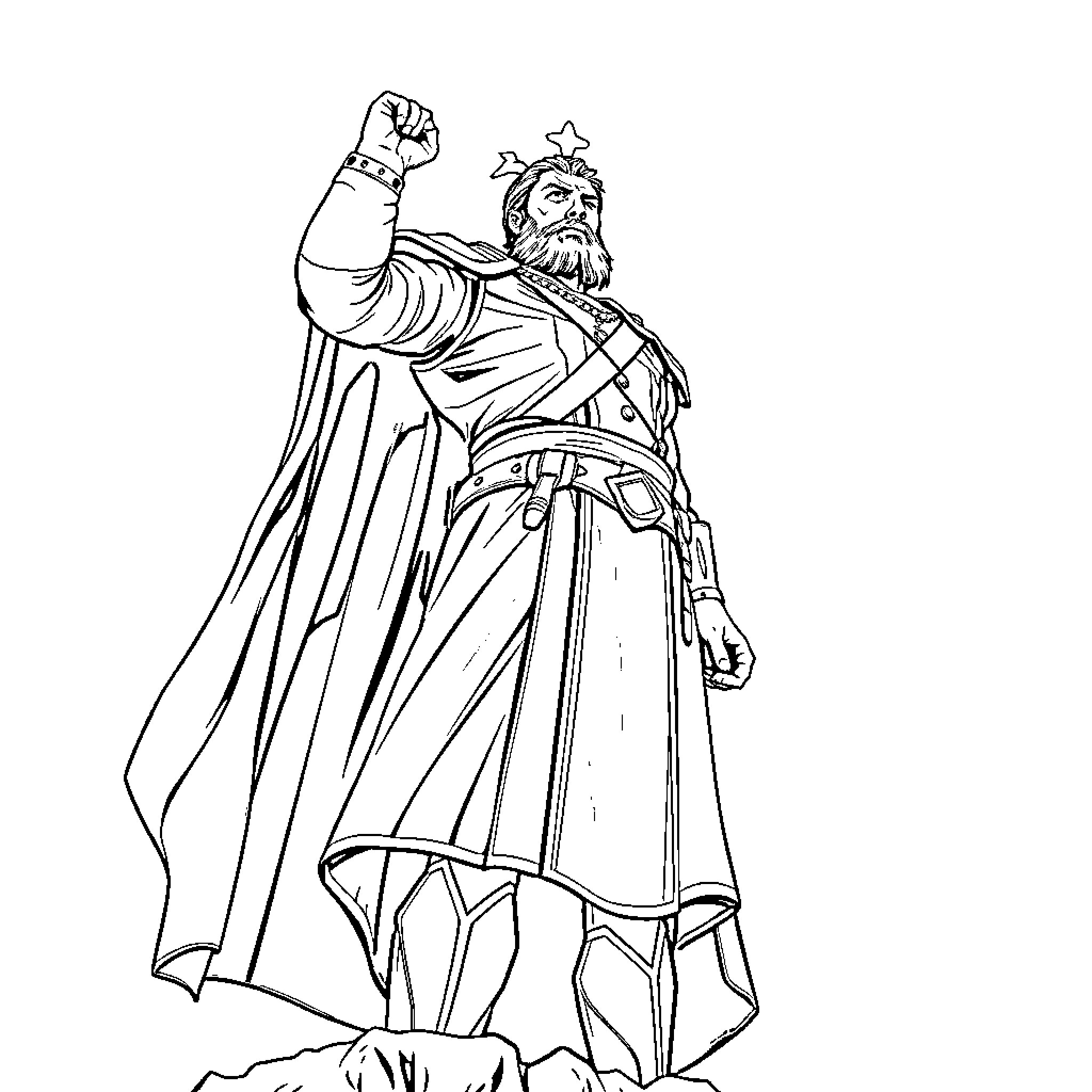 Sion Bolivar in heroic pose with flowing robes Coloring Page (free black-and-white line drawing printable PDF for all, from beginners to advanced learners, including children, teens, adults, and seniors)