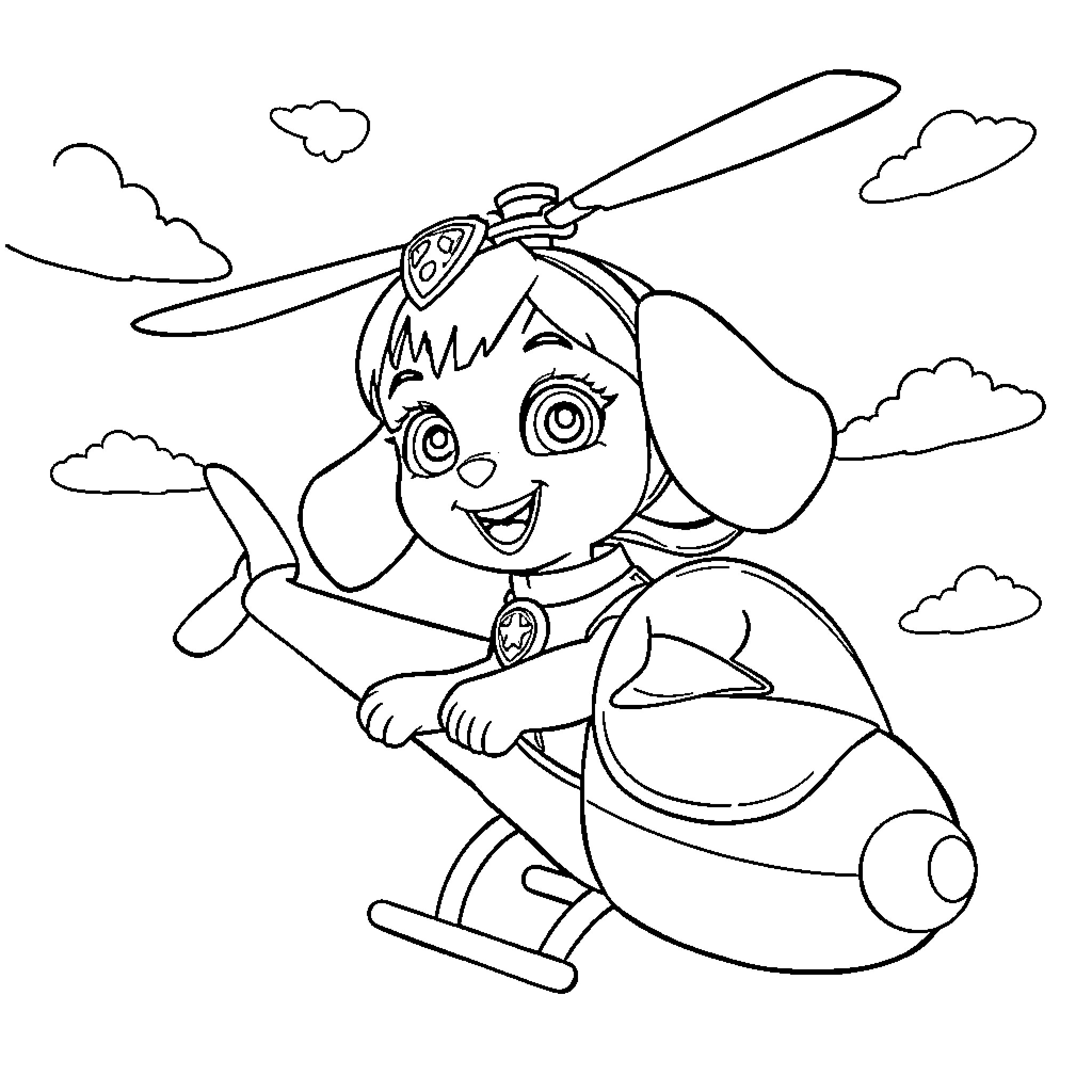 Skye flying a helicopter in the sky Coloring Page (free black-and-white line drawing printable PDF for all, from beginners to advanced learners, including children, teens, adults, and seniors)