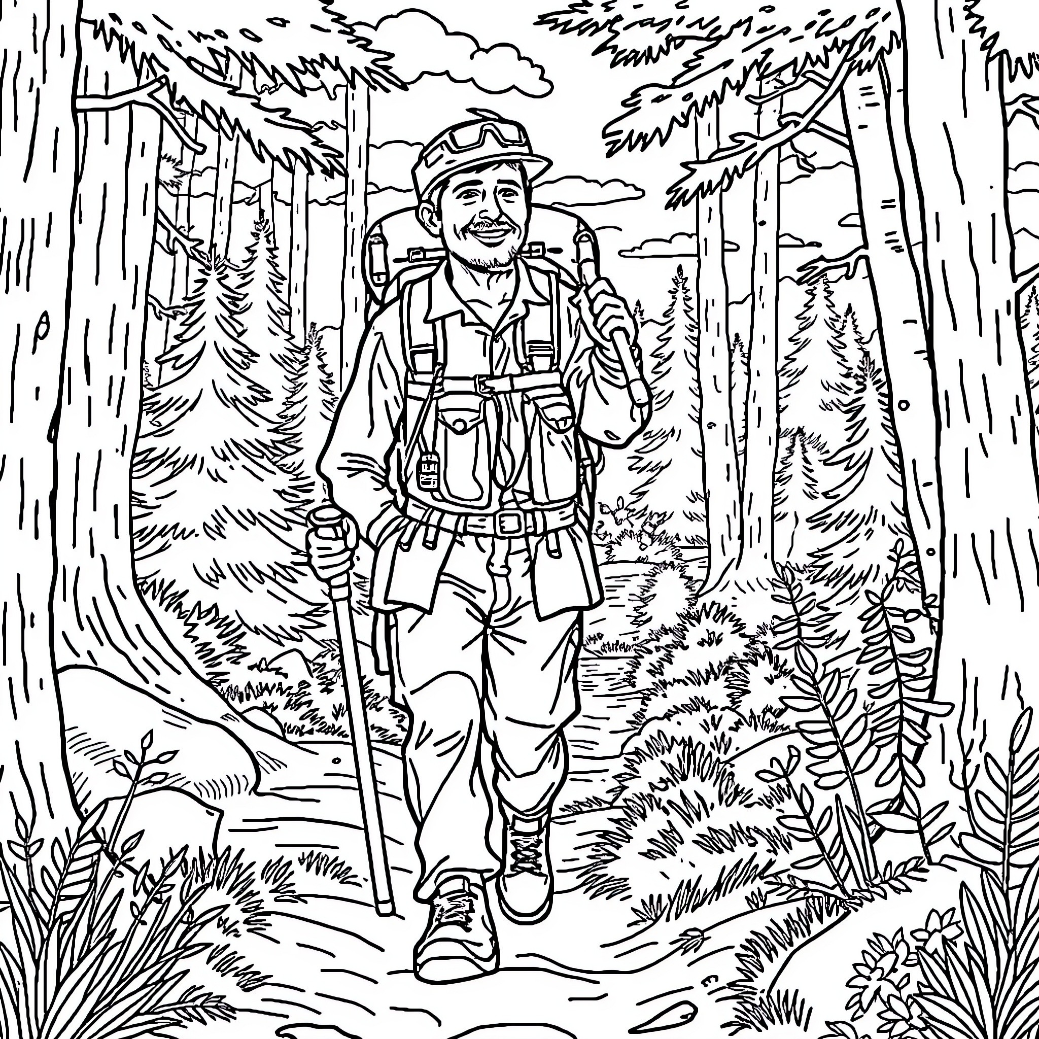 Dr McCoy hiking through the rugged forest Coloring Page (free black-and-white line drawing printable PDF for all, from beginners to advanced learners, including children, teens, adults, and seniors)