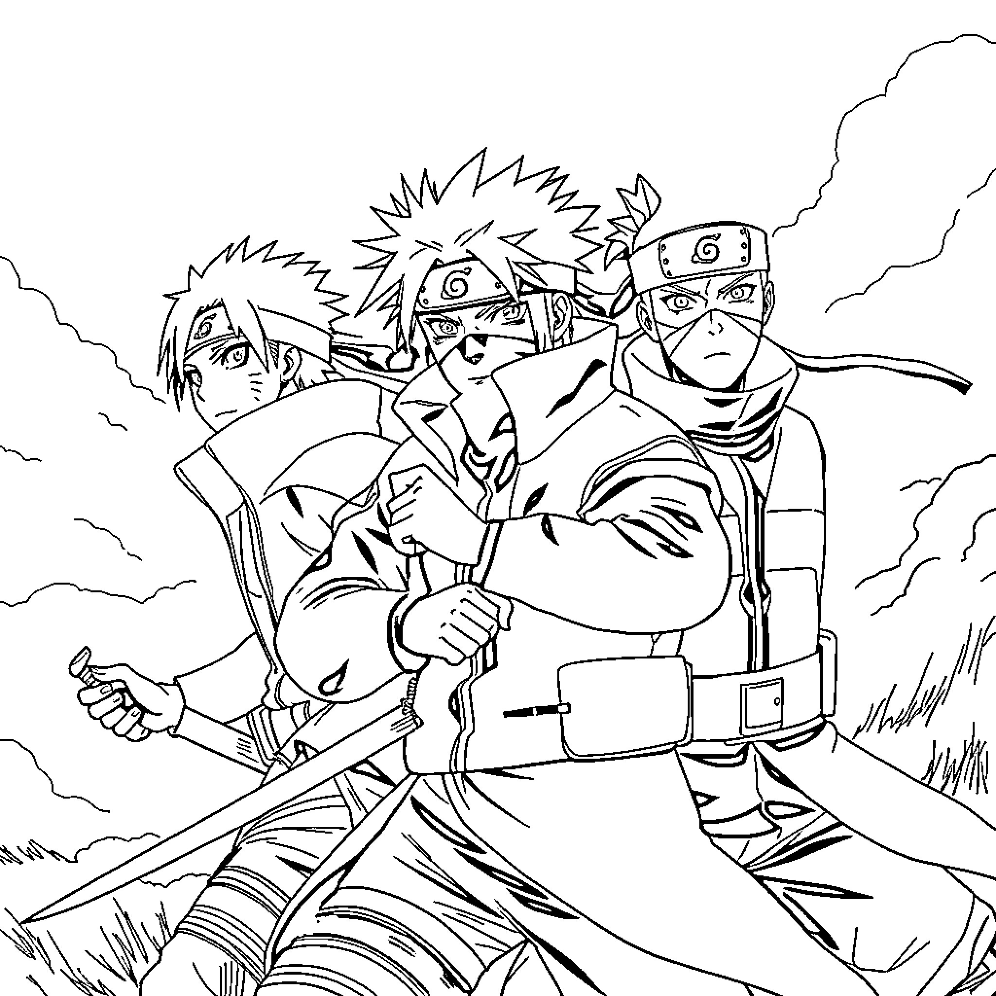 Itachi and Comrades in Dramatic Battle Stance Coloring Page (free black-and-white line drawing printable PDF for all, from beginners to advanced learners, including children, teens, adults, and seniors)