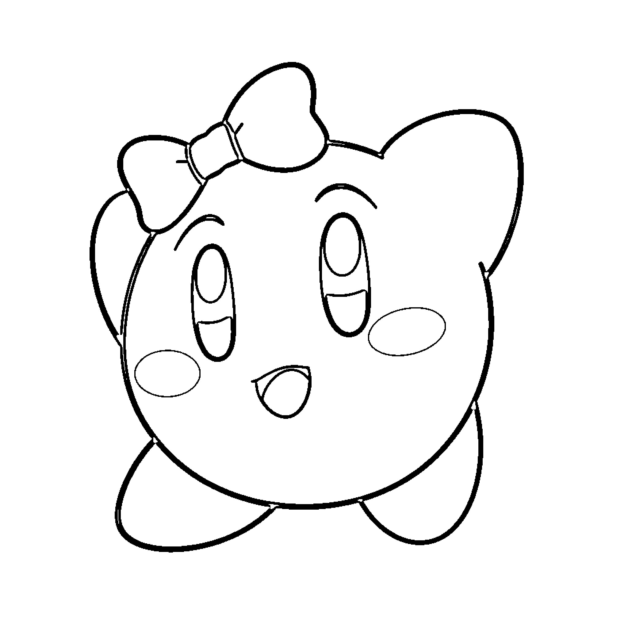 Kirby character with bow illustration Coloring Page (free black-and-white line drawing printable PDF for all, from beginners to advanced learners, including children, teens, adults, and seniors)