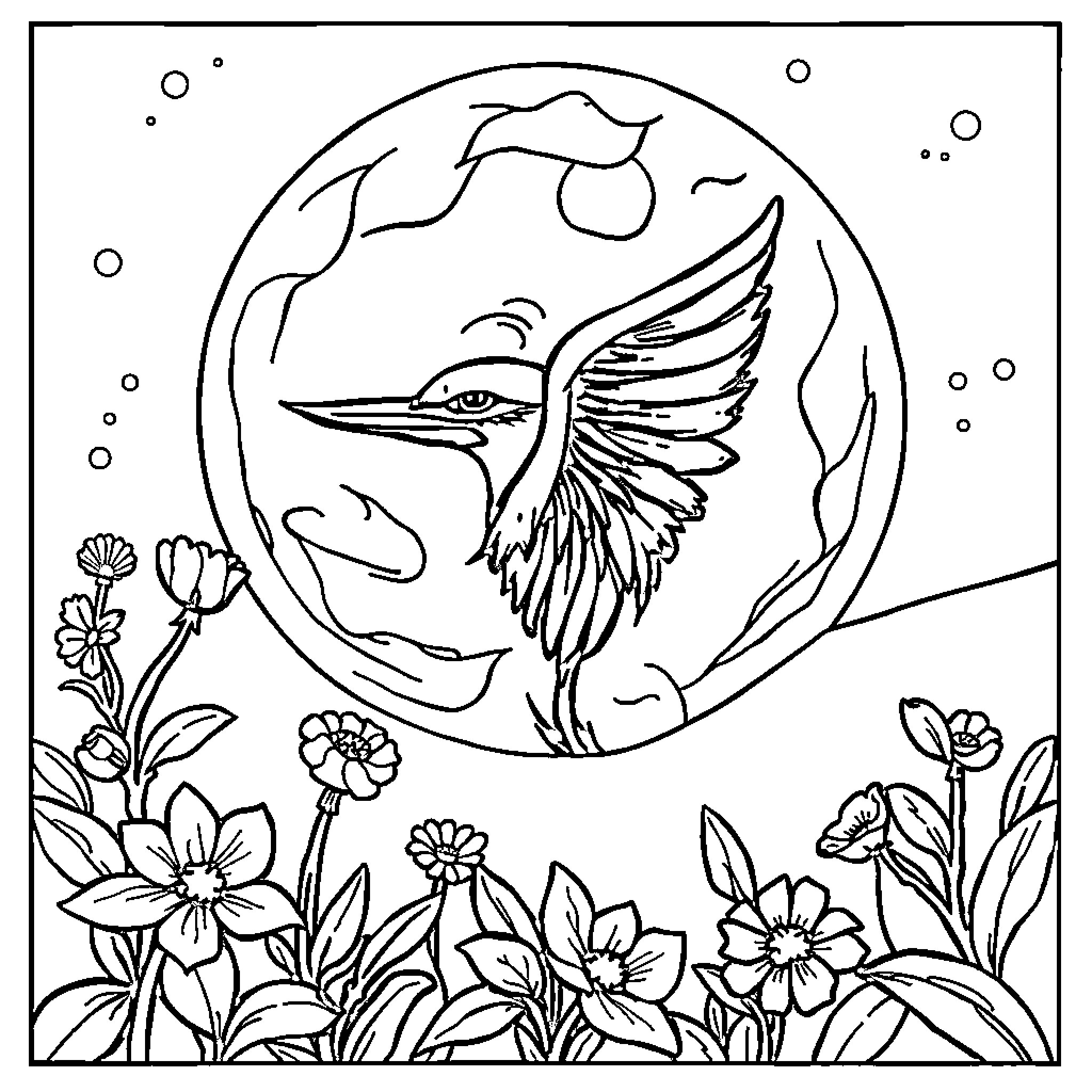 Doll hummingbird in enchanting floral scene Coloring Page (free black-and-white line drawing printable PDF for all, from beginners to advanced learners, including children, teens, adults, and seniors)