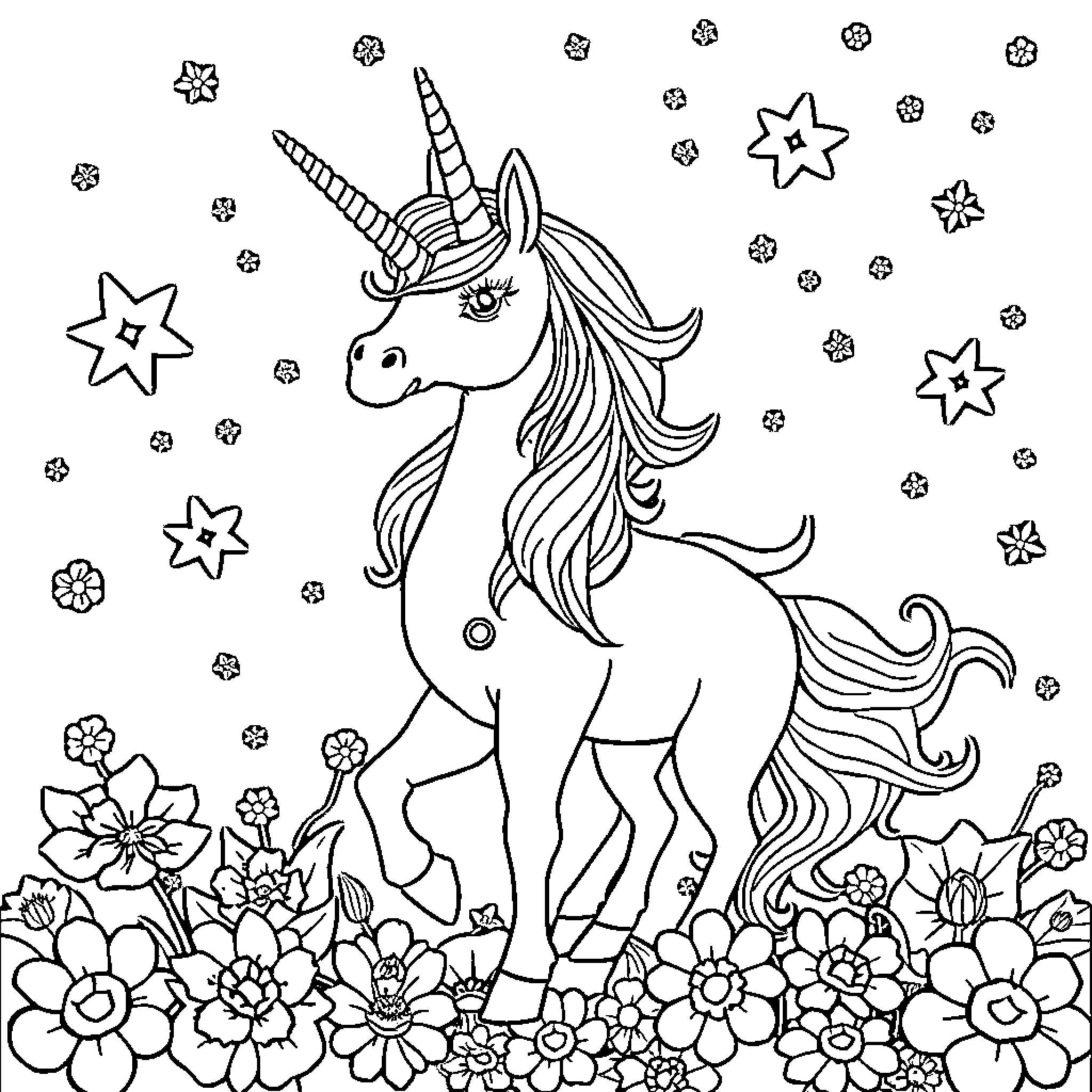 Unicorn surrounded by magical flowers and stars Coloring Page (free black-and-white line drawing printable PDF for all, from beginners to advanced learners, including children, teens, adults, and seniors)