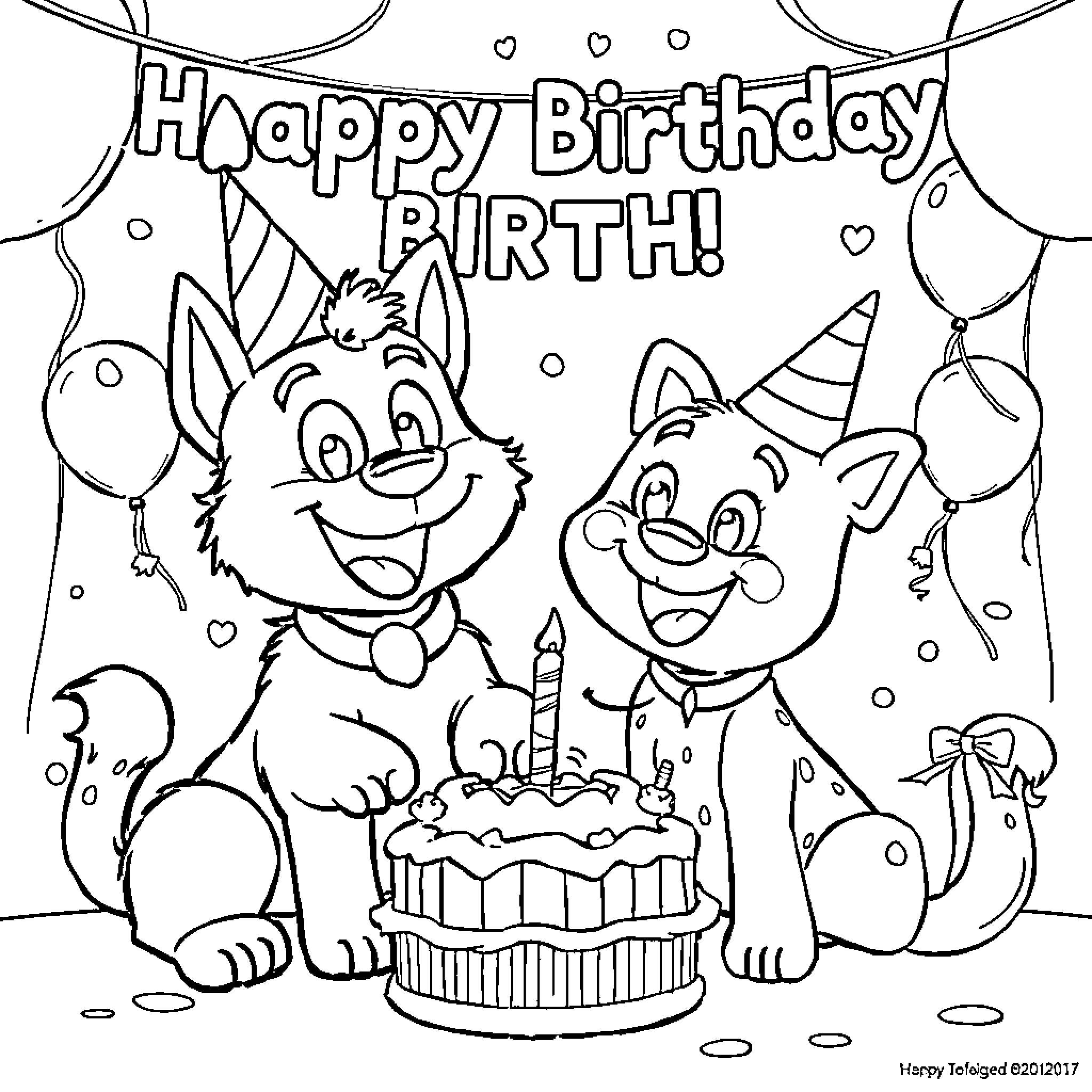 Bluey's Happy Birthday Celebration with Friends Coloring Page (free black-and-white line drawing printable PDF for all, from beginners to advanced learners, including children, teens, adults, and seniors)