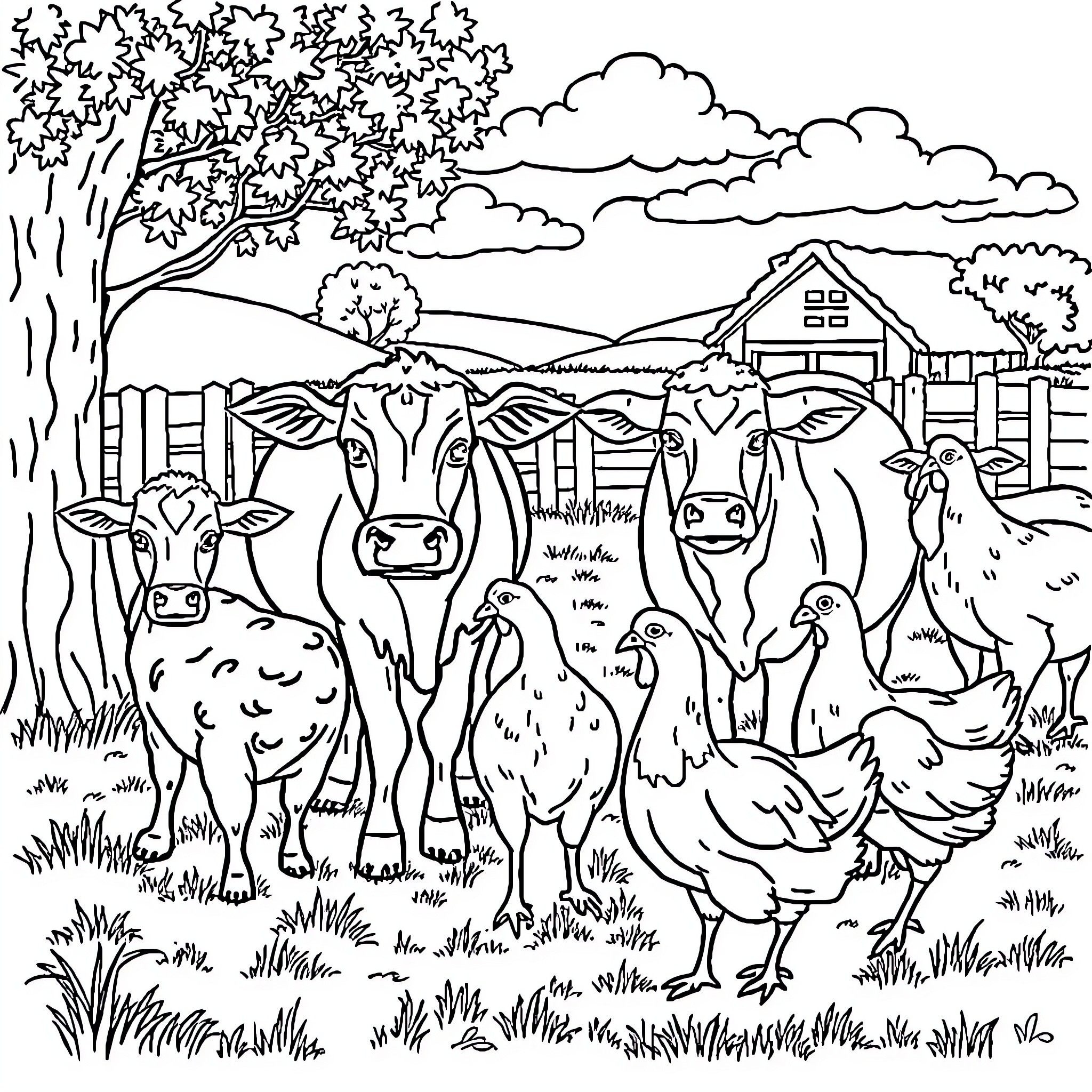 Farm Animals at Peaceful Countryside Farmstead Coloring Page (free black-and-white line drawing printable PDF for all, from beginners to advanced learners, including children, teens, adults, and seniors)