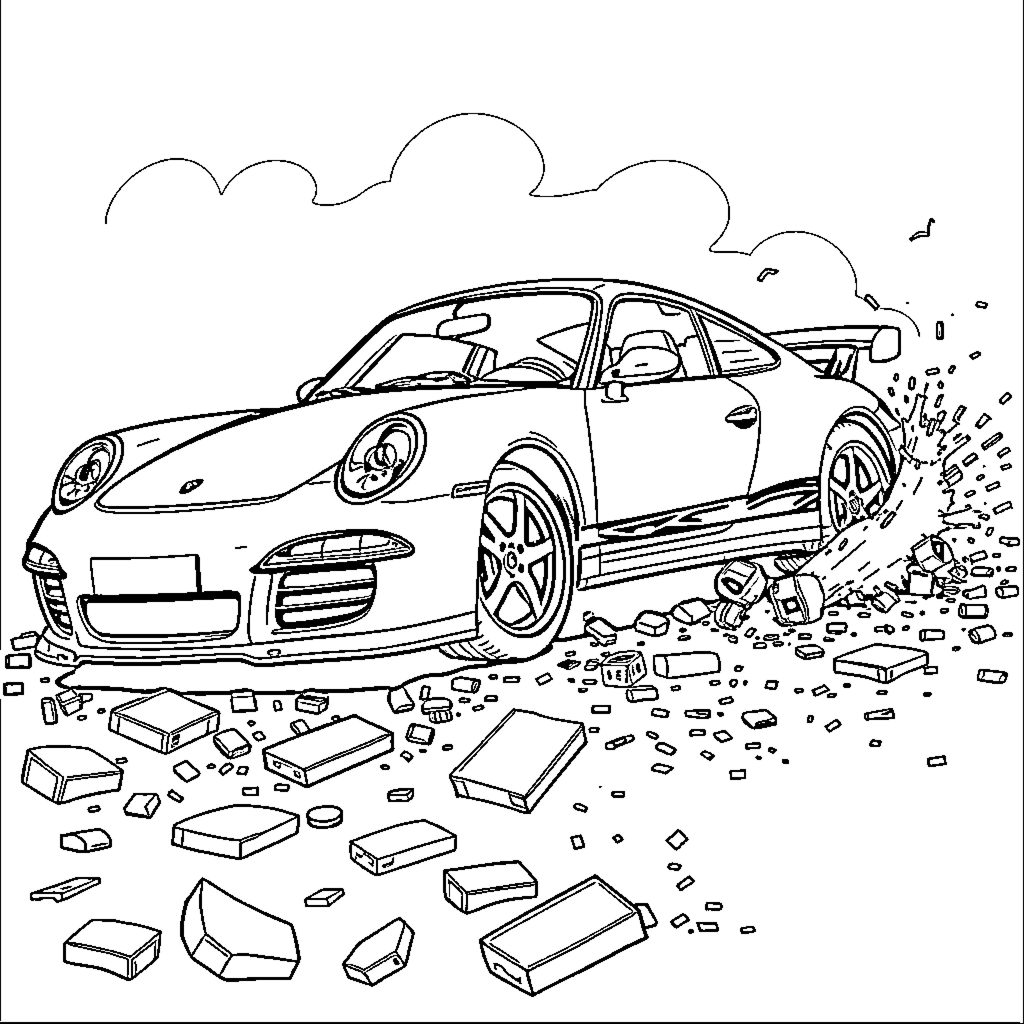 911 sports car wrecked on the road Coloring Page (free black-and-white line drawing printable PDF for all, from beginners to advanced learners, including children, teens, adults, and seniors)