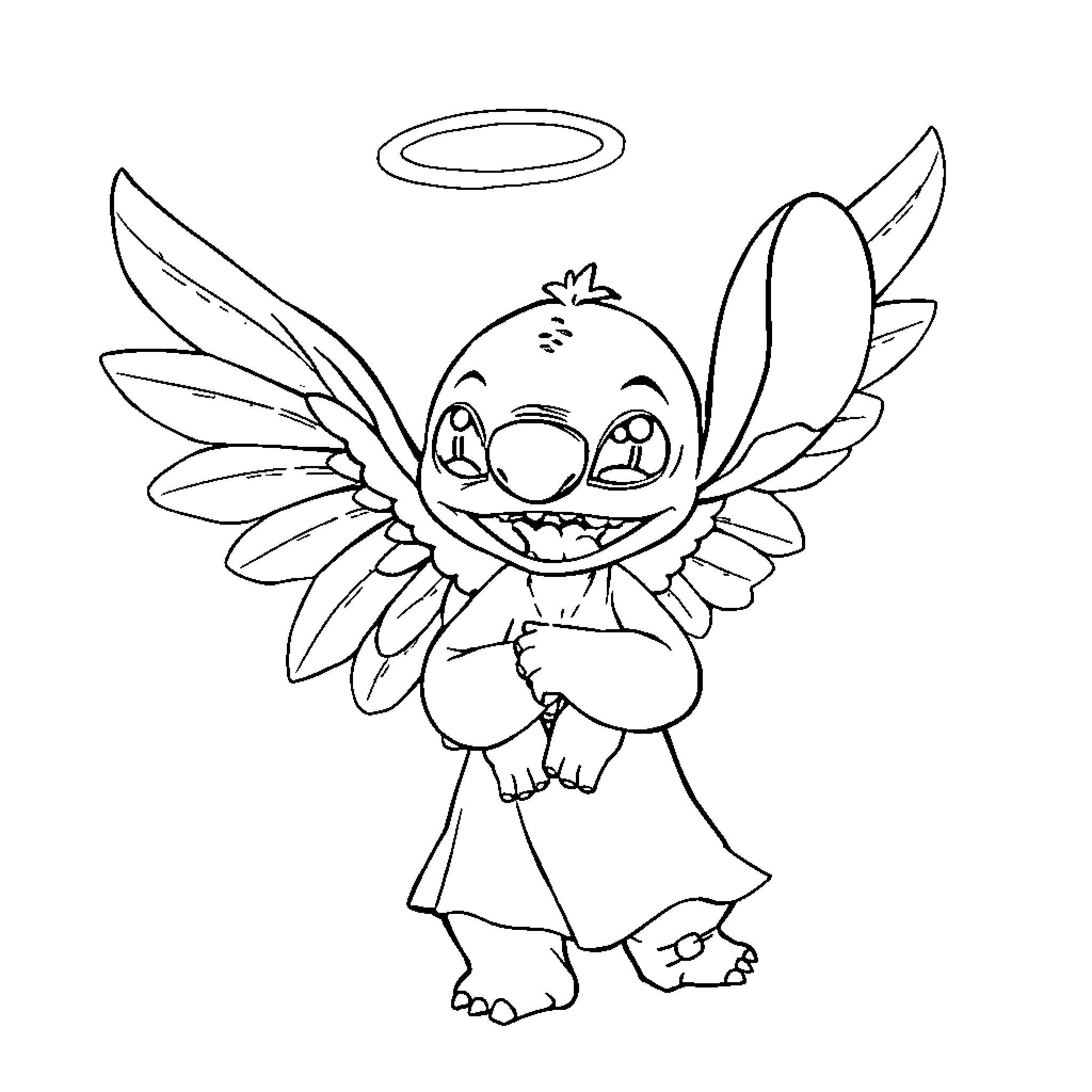 Angel Stitch Happily Posing with Wings Coloring Page (free black-and-white line drawing printable PDF for all, from beginners to advanced learners, including children, teens, adults, and seniors)