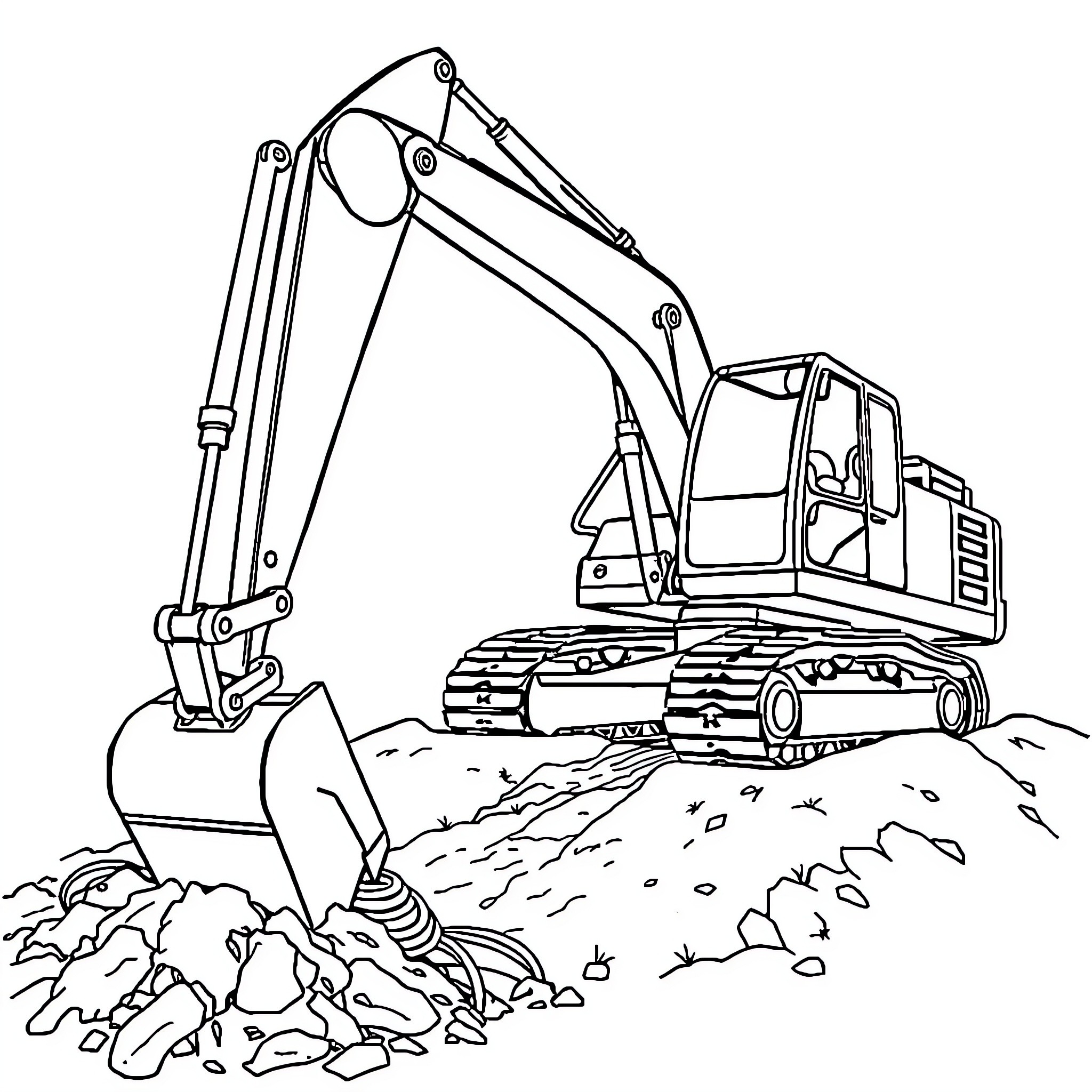 Excavator digging at a construction site Coloring Page (free black-and-white line drawing printable PDF for all, from beginners to advanced learners, including children, teens, adults, and seniors)