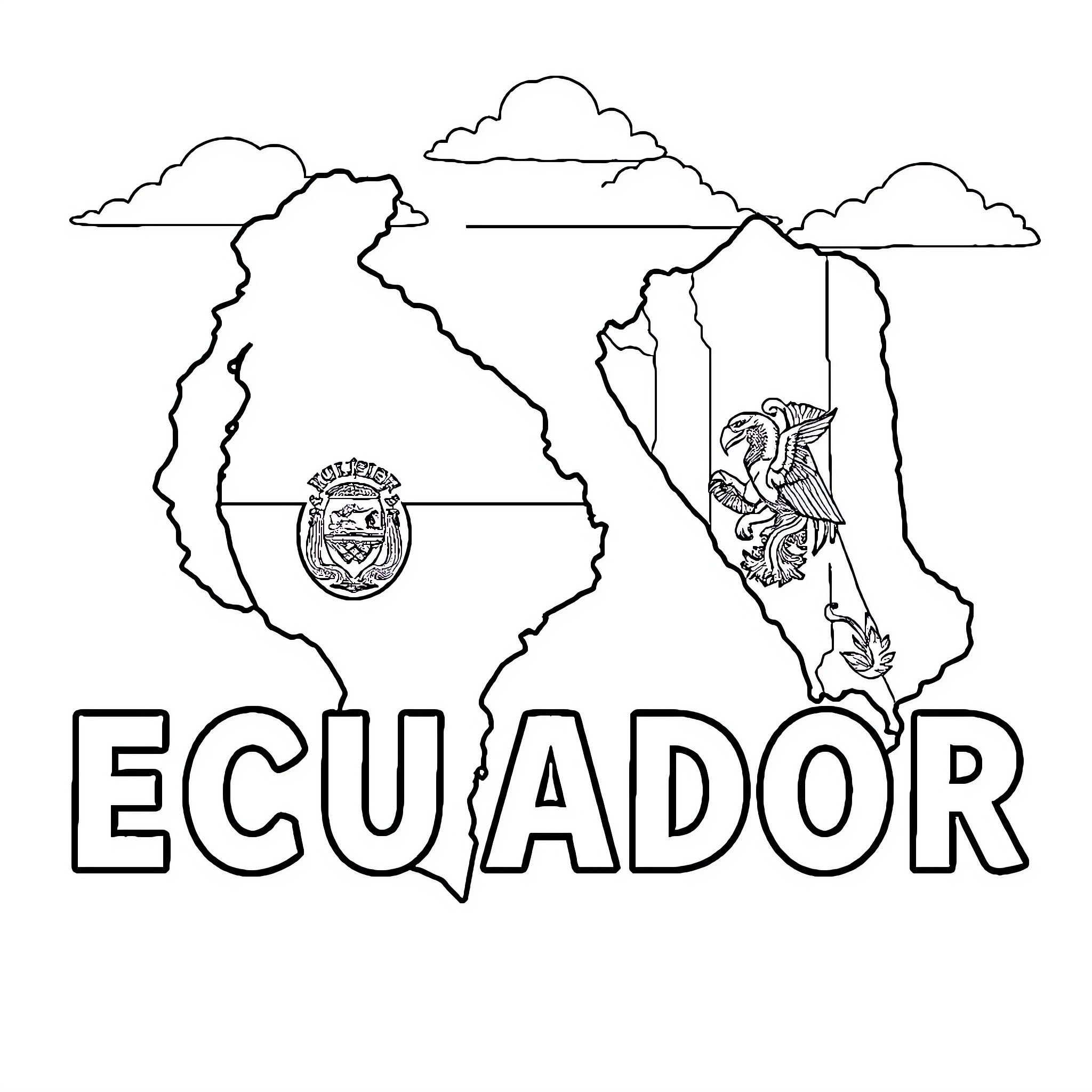 Ecuador Outline with National Symbol Coloring Page (free black-and-white line drawing printable PDF for all, from beginners to advanced learners, including children, teens, adults, and seniors)
