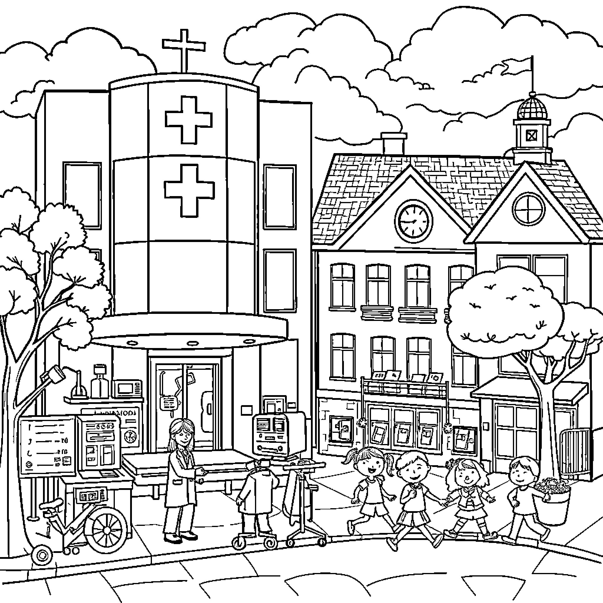 Hospital Scene with People and Buildings Coloring Page (free black-and-white line drawing printable PDF for all, from beginners to advanced learners, including children, teens, adults, and seniors)
