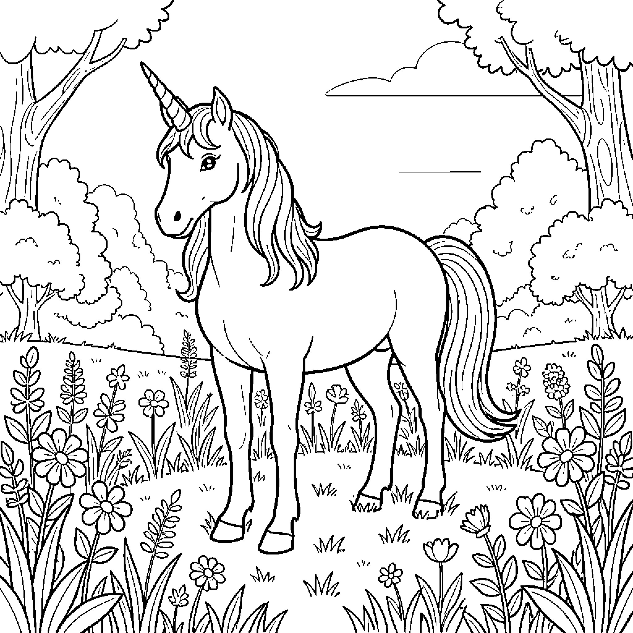 Unicorn standing peacefully in a flowery meadow Coloring Page (free black-and-white line drawing printable PDF for all, from beginners to advanced learners, including children, teens, adults, and seniors)