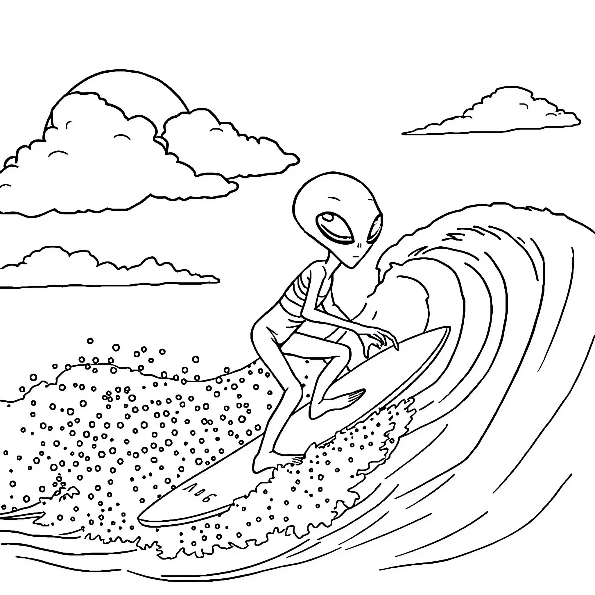 Alien surfing through cosmic waves Coloring Page (free black-and-white line drawing printable PDF for all, from beginners to advanced learners, including children, teens, adults, and seniors)