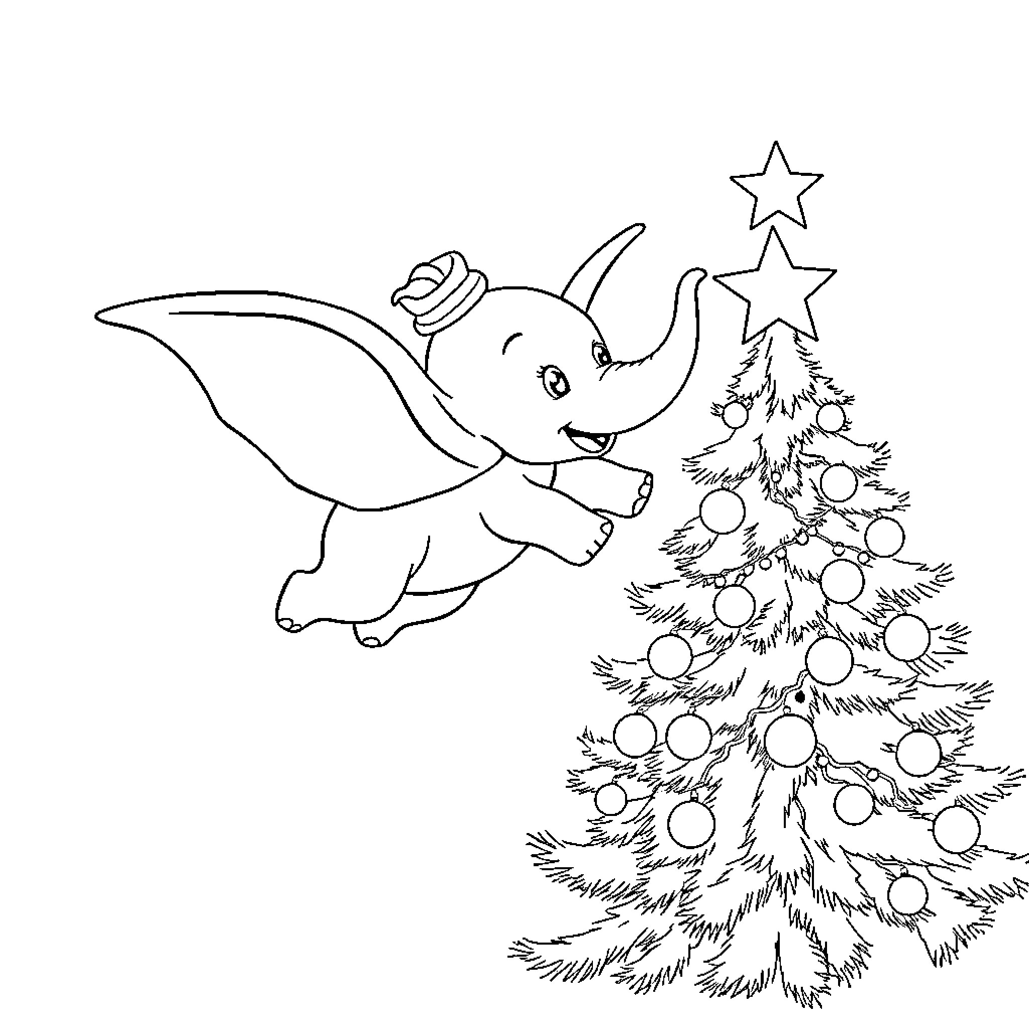 Dumbo decorating the Christmas tree Coloring Page (free black-and-white line drawing printable PDF for all, from beginners to advanced learners, including children, teens, adults, and seniors)