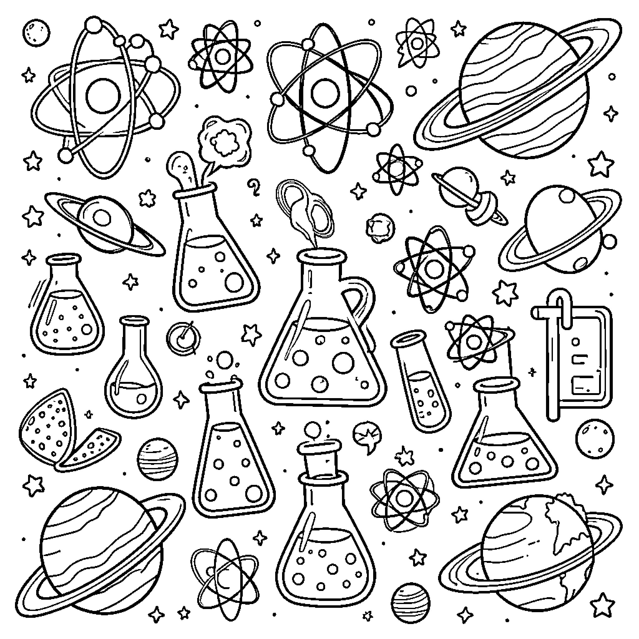 Science themed doodle with planets, atoms, and lab equipment Coloring Page (free black-and-white line drawing printable PDF for all, from beginners to advanced learners, including children, teens, adults, and seniors)