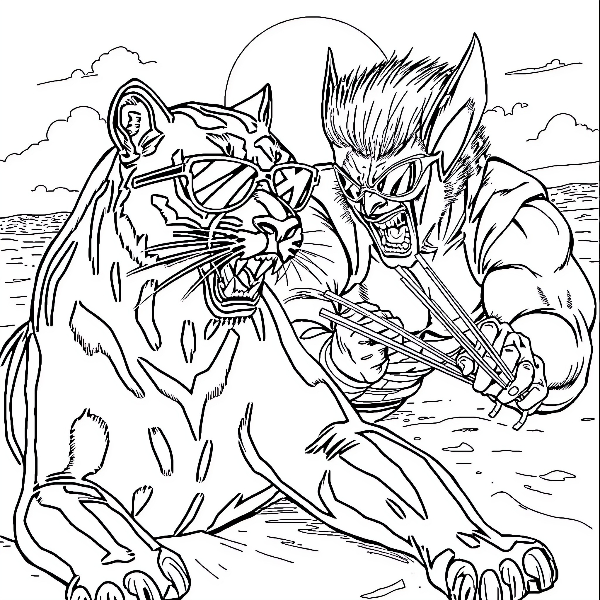 Panther encounters fierce warrior in battle Coloring Page (free black-and-white line drawing printable PDF for all, from beginners to advanced learners, including children, teens, adults, and seniors)