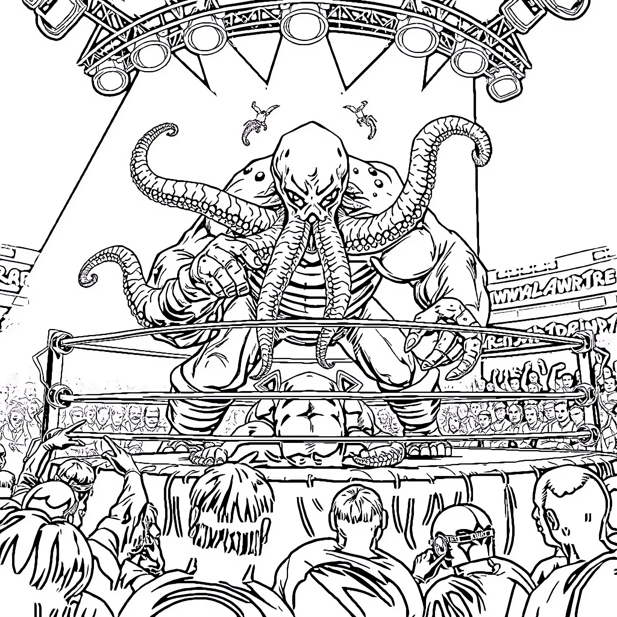 Cthulhu Rises Over the Fearful Crowd Coloring Page (free black-and-white line drawing printable PDF for all, from beginners to advanced learners, including children, teens, adults, and seniors)