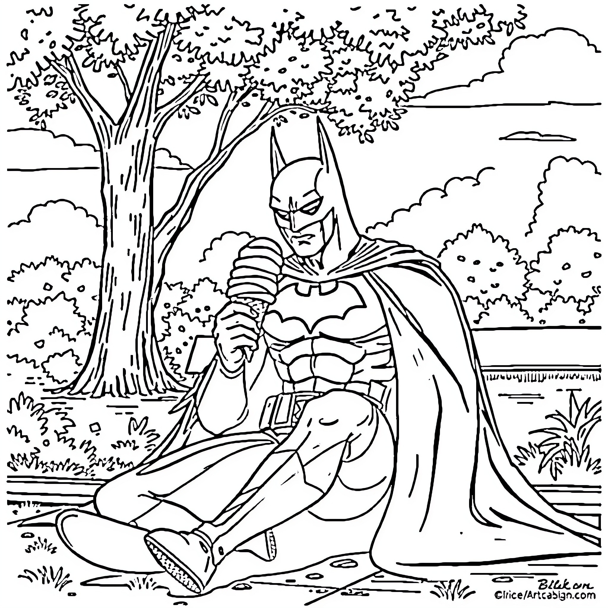 Batman contemplating in a serene forest landscape Coloring Page (free black-and-white line drawing printable PDF for all, from beginners to advanced learners, including children, teens, adults, and seniors)