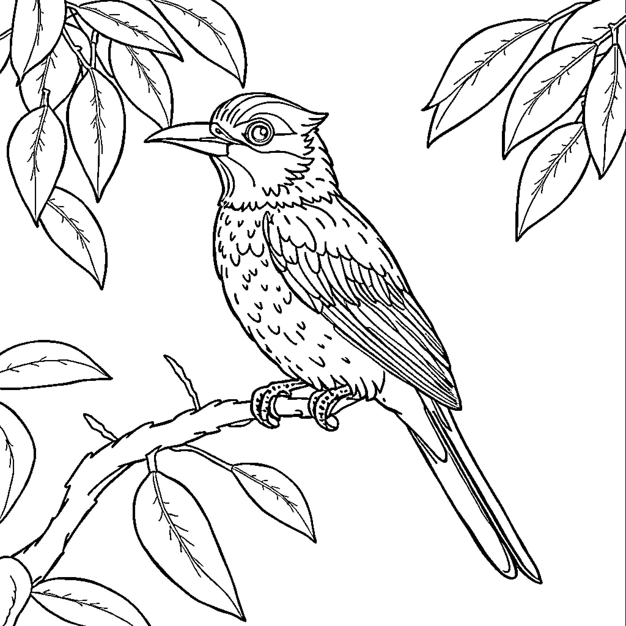 Bird perched on branch with leaves Coloring Page (free black-and-white line drawing printable PDF for all, from beginners to advanced learners, including children, teens, adults, and seniors)