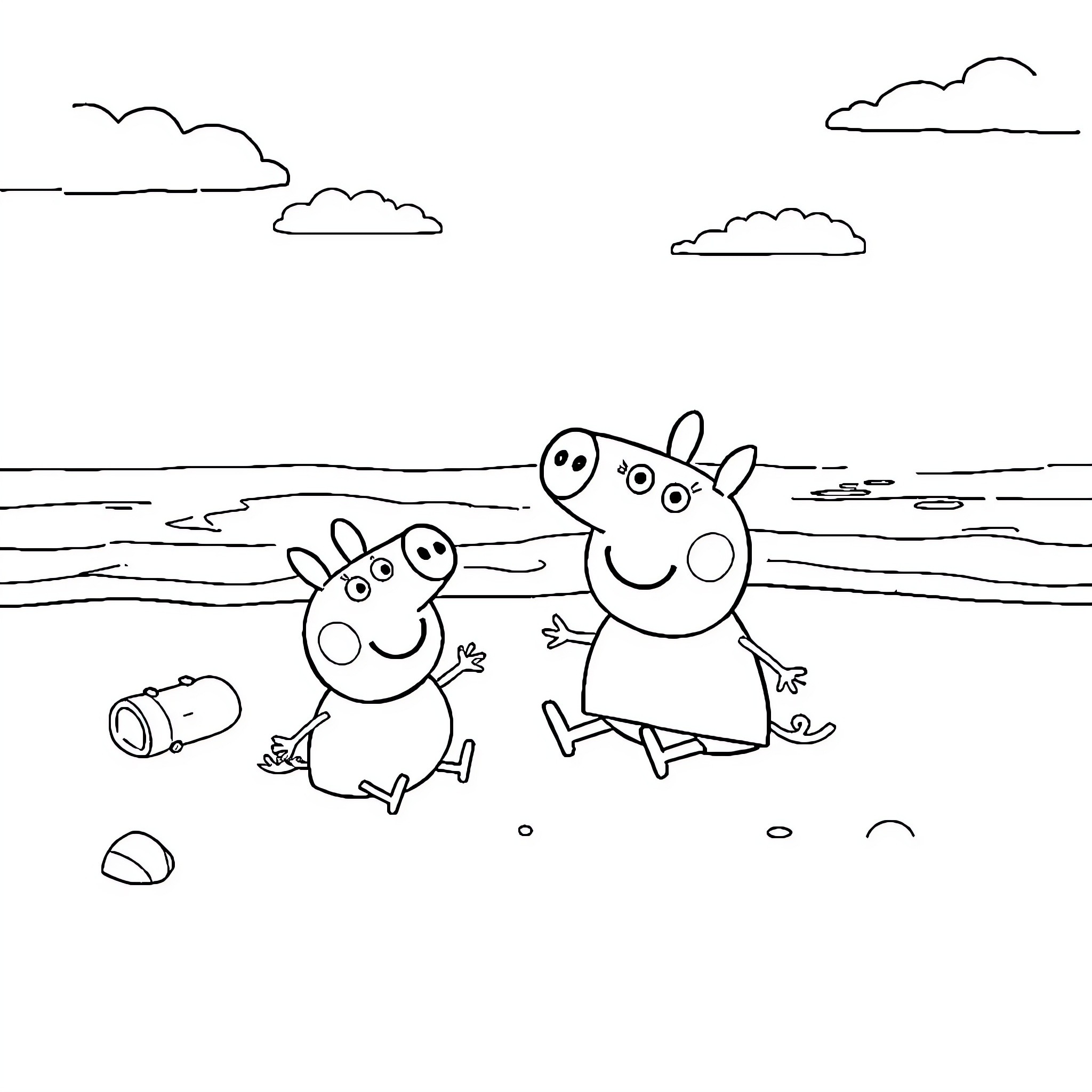Peppa Pig and friends enjoying the outdoors Coloring Page (free black-and-white line drawing printable PDF for all, from beginners to advanced learners, including children, teens, adults, and seniors)