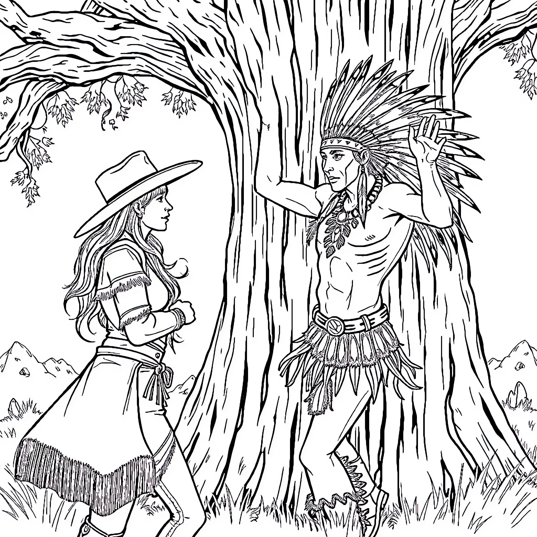 Cowboy Woman Encounters Warrior Woman in the Wild Coloring Page (free black-and-white line drawing printable PDF for all, from beginners to advanced learners, including children, teens, adults, and seniors)