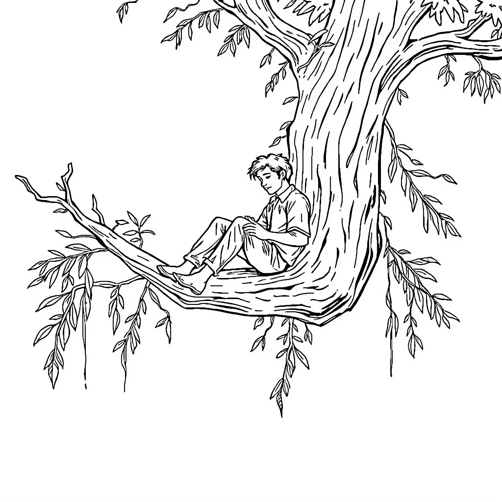 Man reading a book under a large tree Coloring Page (free black-and-white line drawing printable PDF for all, from beginners to advanced learners, including children, teens, adults, and seniors)