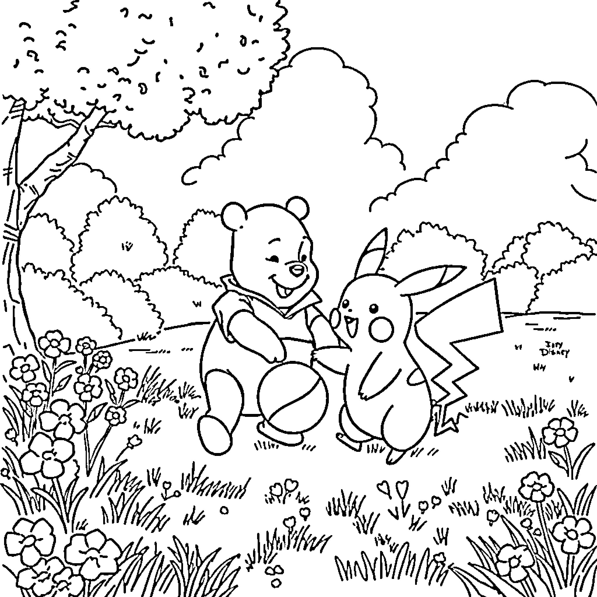 Winnie The Pooh and Pikachu playing in the garden Coloring Page (free black-and-white line drawing printable PDF for all, from beginners to advanced learners, including children, teens, adults, and seniors)