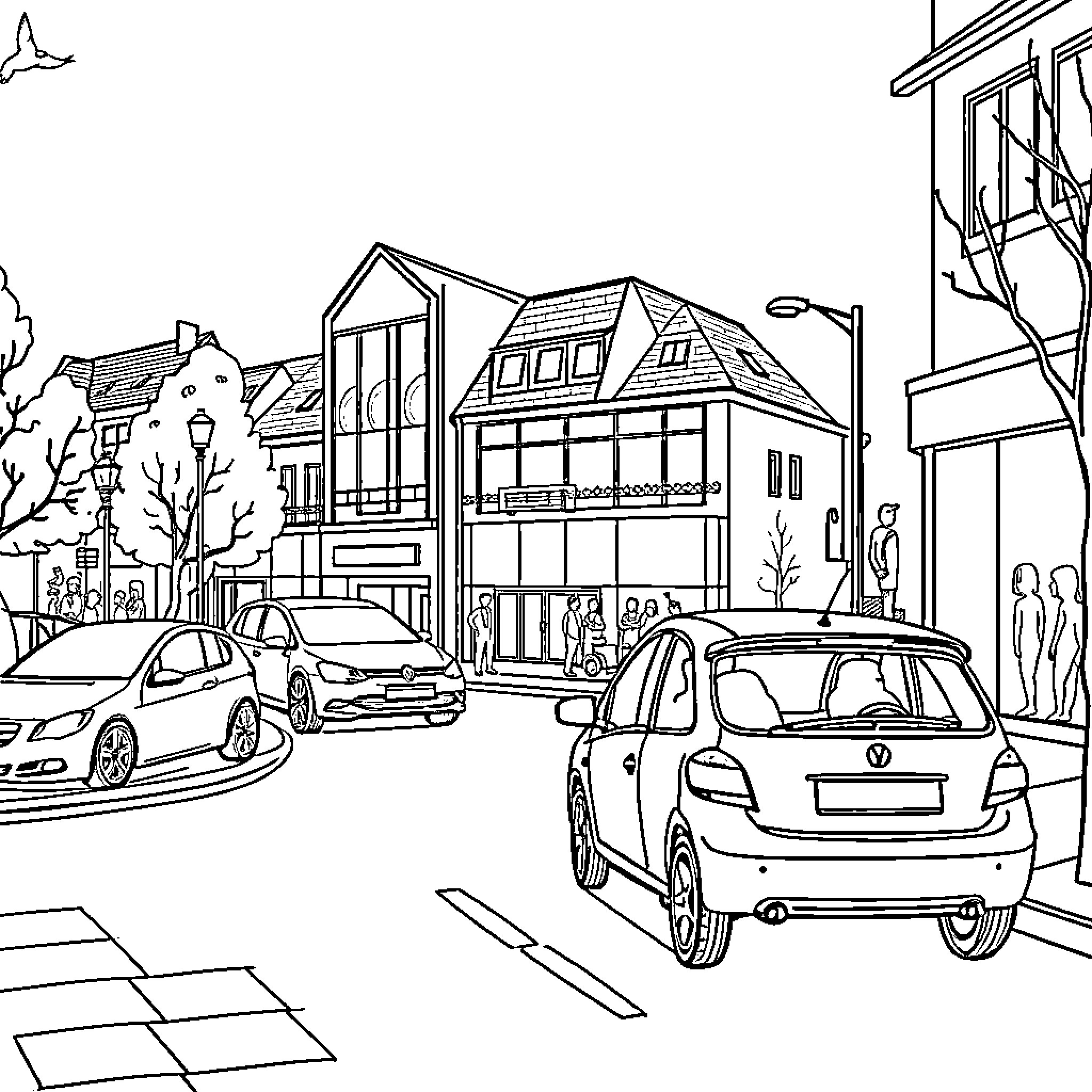 École Routine in the Urban Setting Coloring Page (free black-and-white line drawing printable PDF for all, from beginners to advanced learners, including children, teens, adults, and seniors)