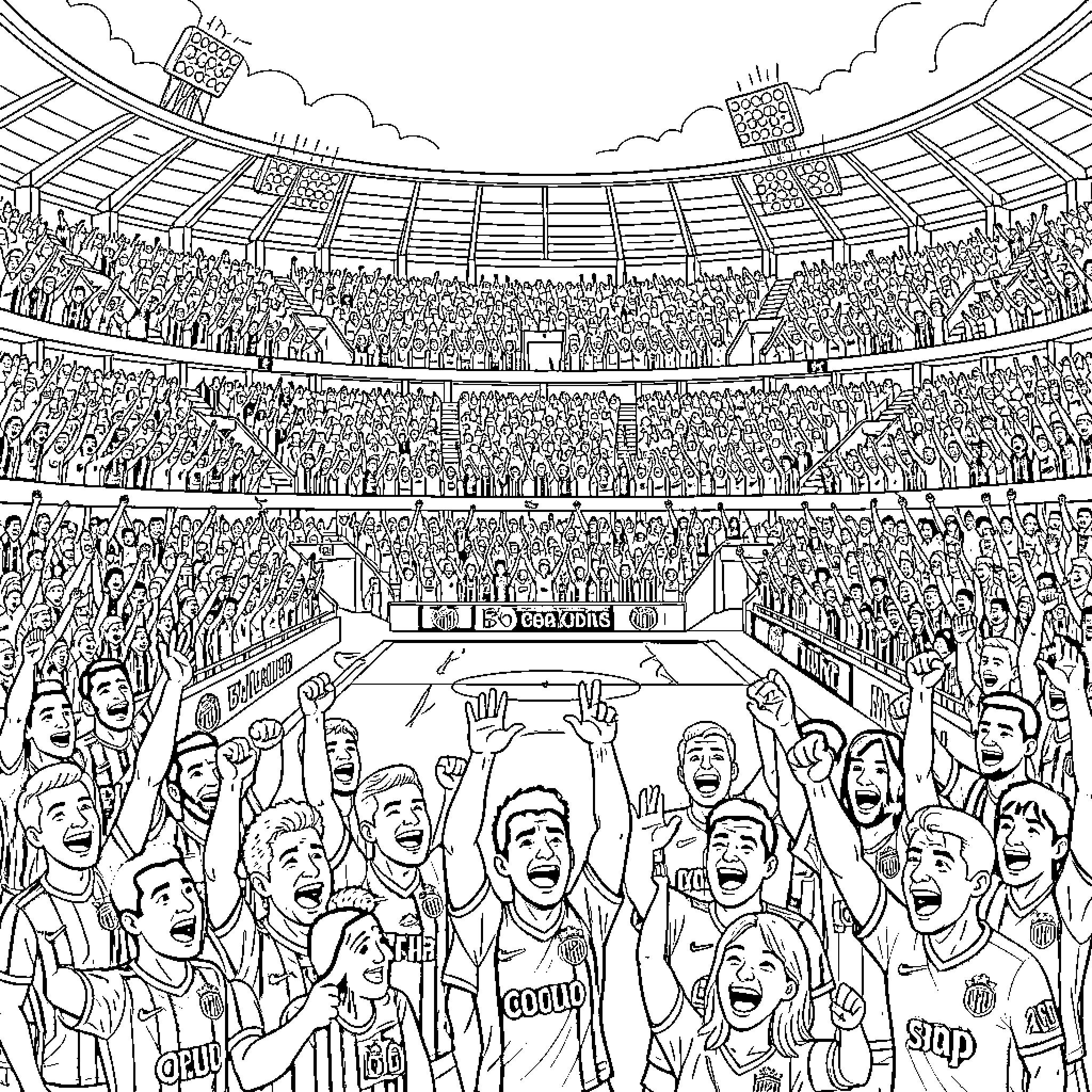 Boca Juniors fans celebrating a victory in the stadium Coloring Page (free black-and-white line drawing printable PDF for all, from beginners to advanced learners, including children, teens, adults, and seniors)