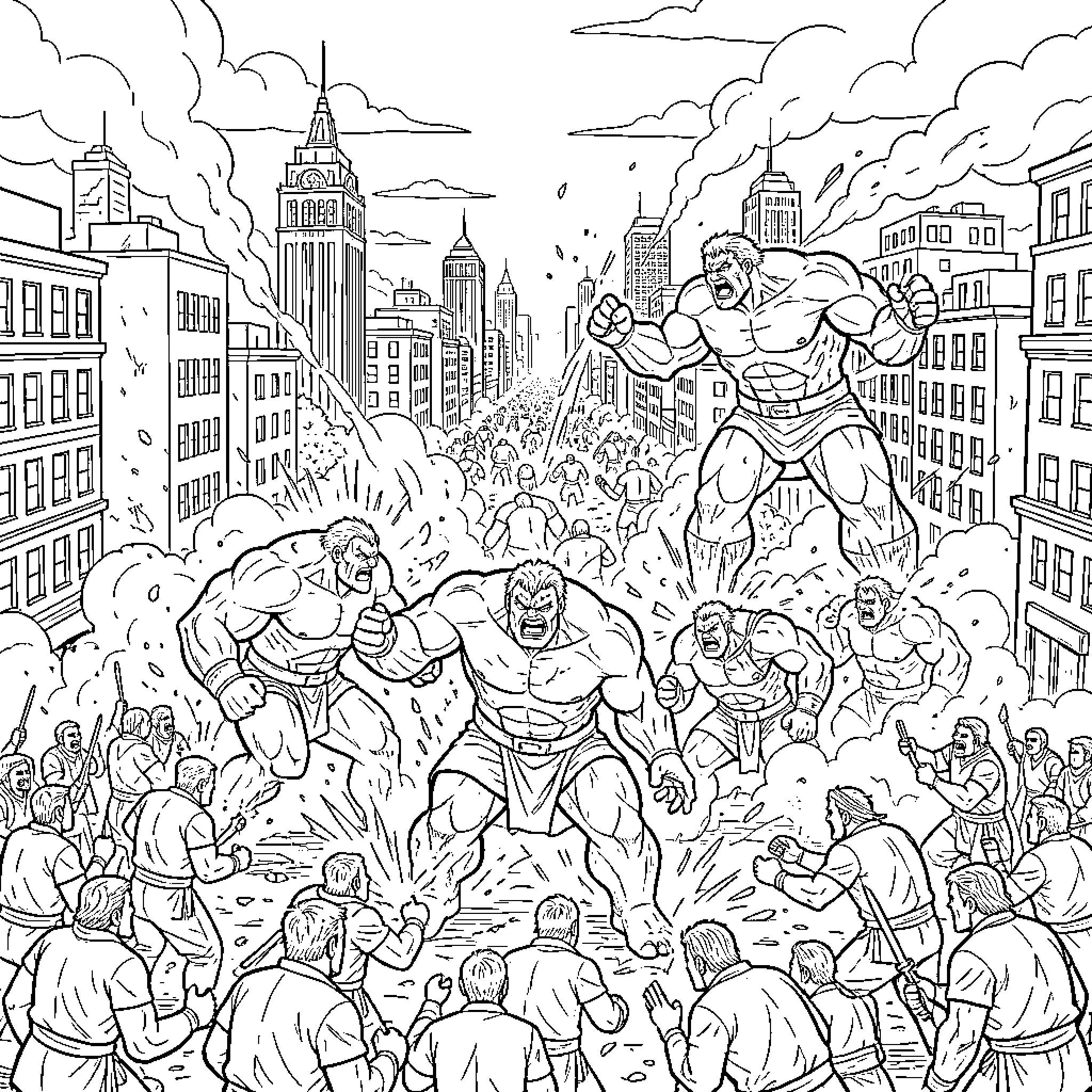 Giant muscular warriors fighting amidst a chaotic city Coloring Page (free black-and-white line drawing printable PDF for all, from beginners to advanced learners, including children, teens, adults, and seniors)