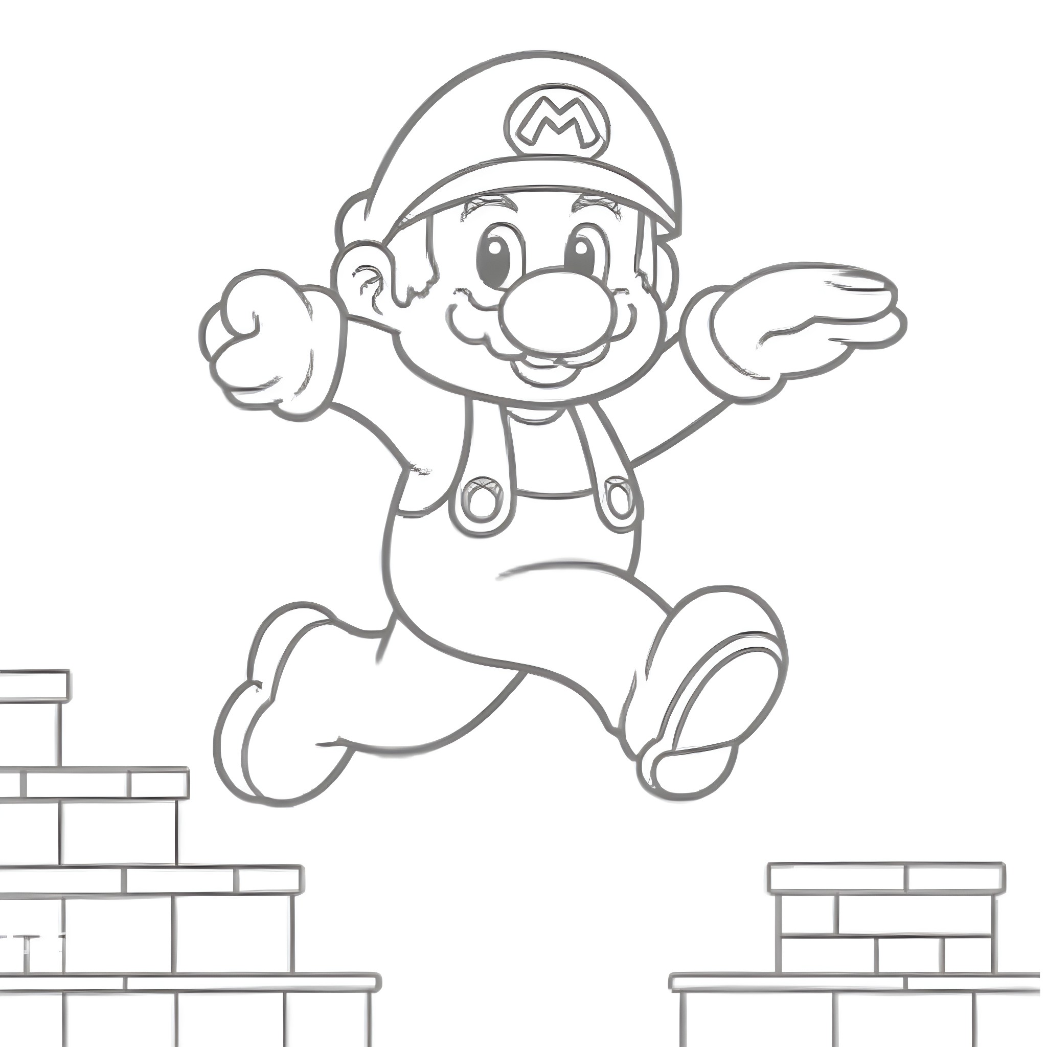Mario jumping over obstacles with a cheerful expression Coloring Page (free black-and-white line drawing printable PDF for all, from beginners to advanced learners, including children, teens, adults, and seniors)