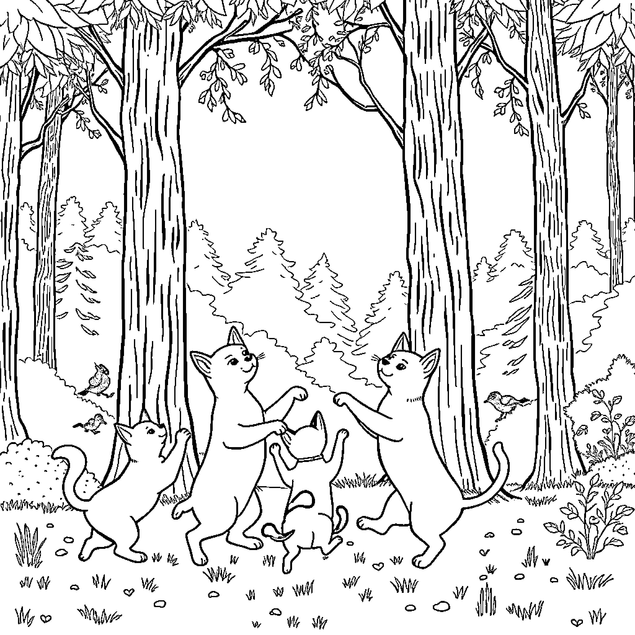 Cat and Dog playing in the enchanted forest Coloring Page (free black-and-white line drawing printable PDF for all, from beginners to advanced learners, including children, teens, adults, and seniors)