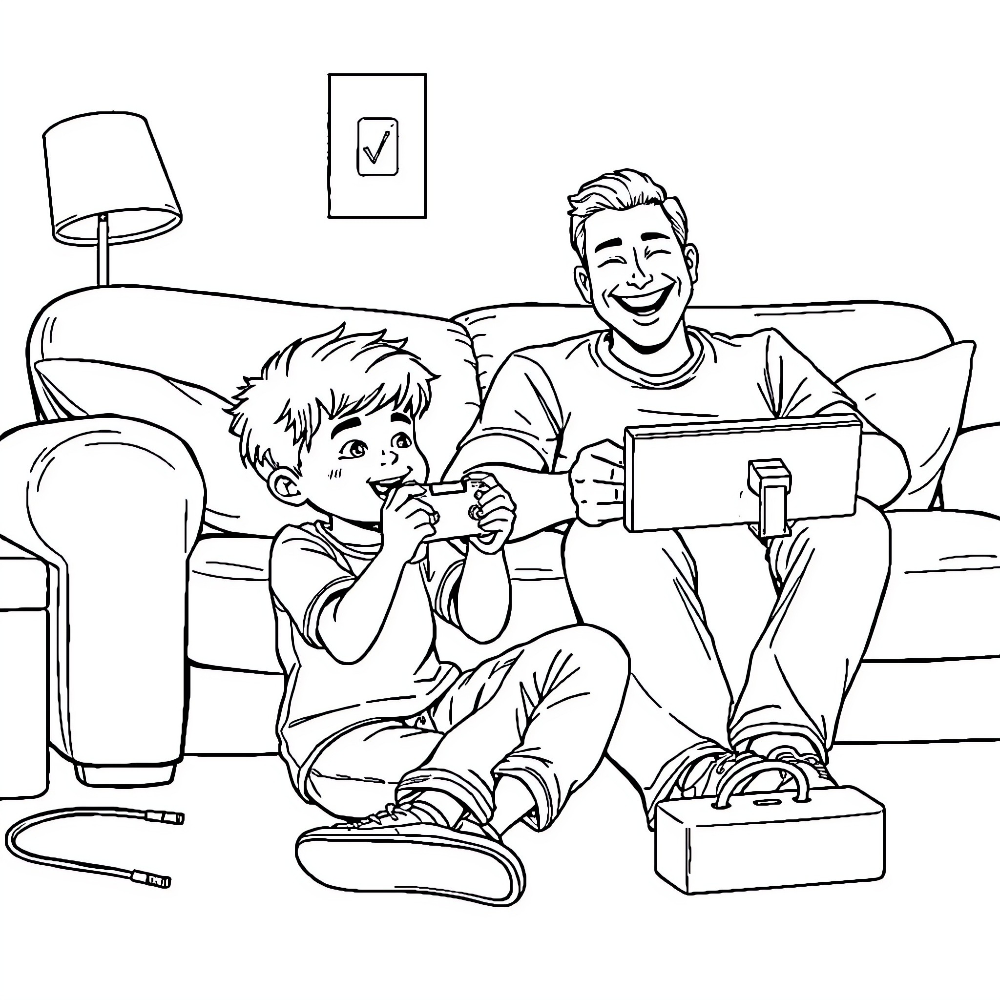 Boy plays video game with father on couch Coloring Page (free black-and-white line drawing printable PDF for all, from beginners to advanced learners, including children, teens, adults, and seniors)