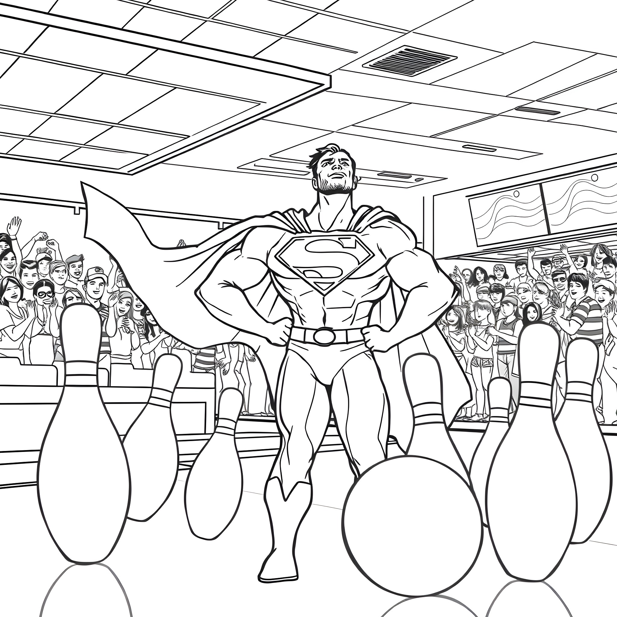 Superman saving the day with heroic pose Coloring Page (free black-and-white line drawing printable PDF for all, from beginners to advanced learners, including children, teens, adults, and seniors)
