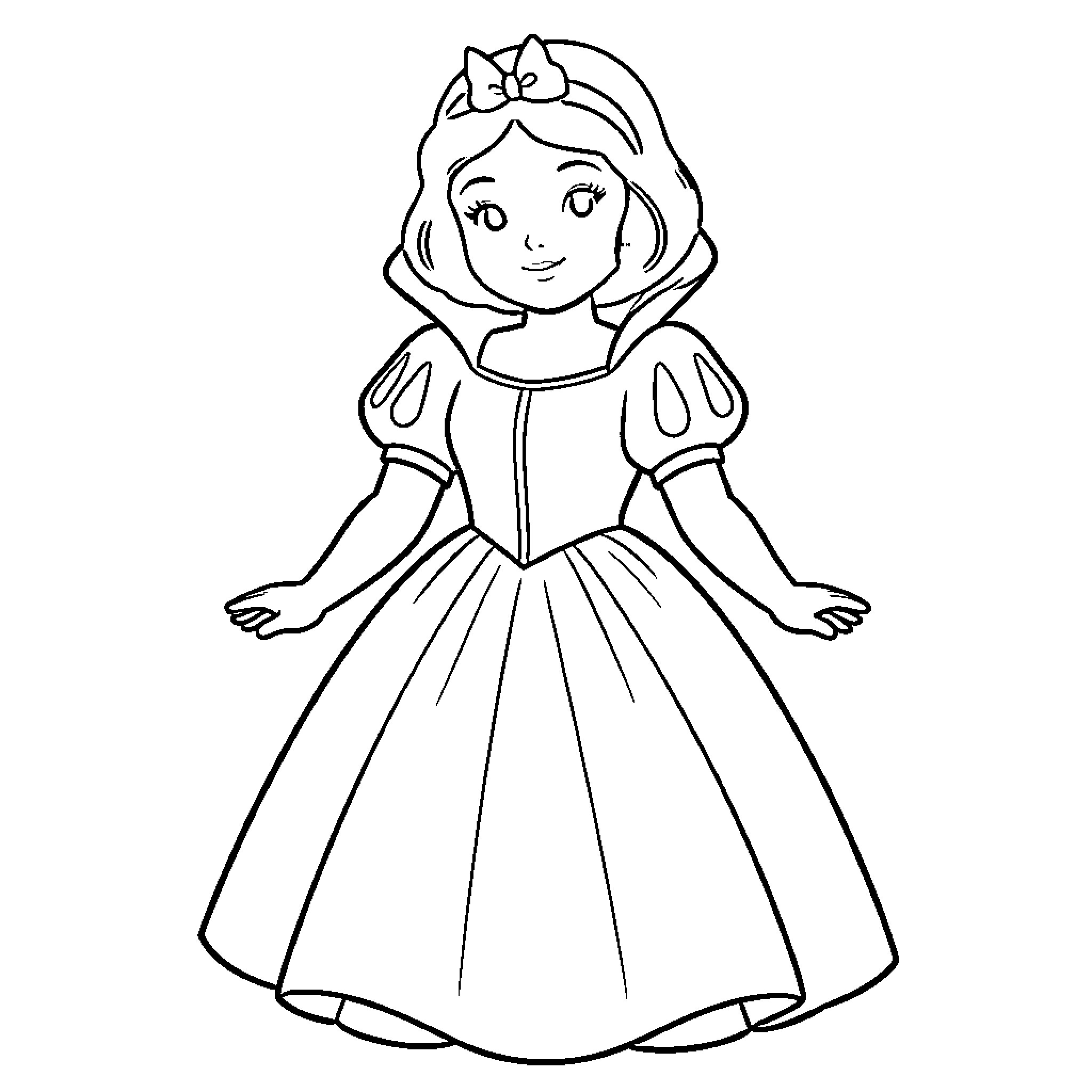 Princess in a Lovely Dress and Bow Coloring Page (free black-and-white line drawing printable PDF for all, from beginners to advanced learners, including children, teens, adults, and seniors)