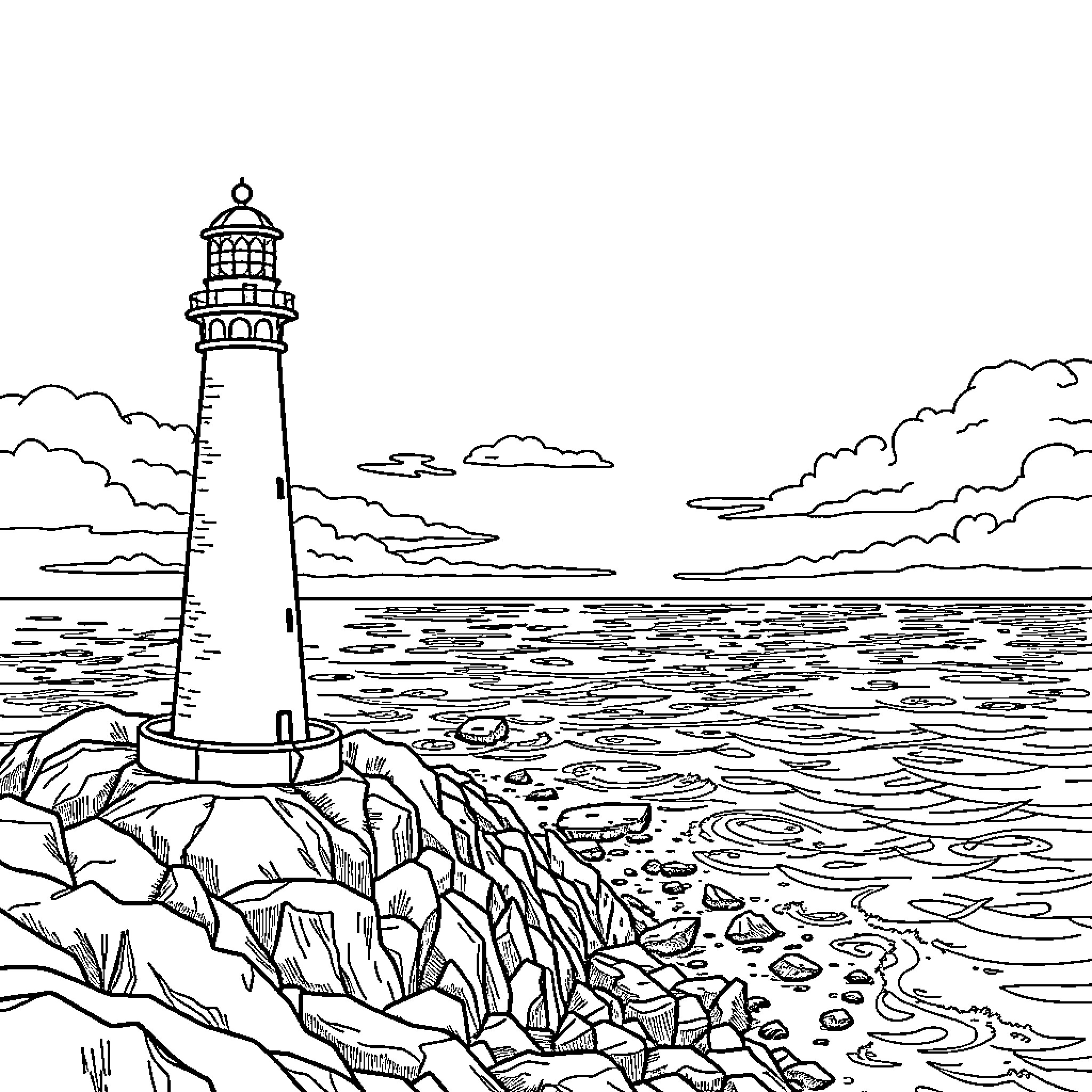 Lighthouse on a rocky coastline overlooking the sea Coloring Page (free black-and-white line drawing printable PDF for all, from beginners to advanced learners, including children, teens, adults, and seniors)