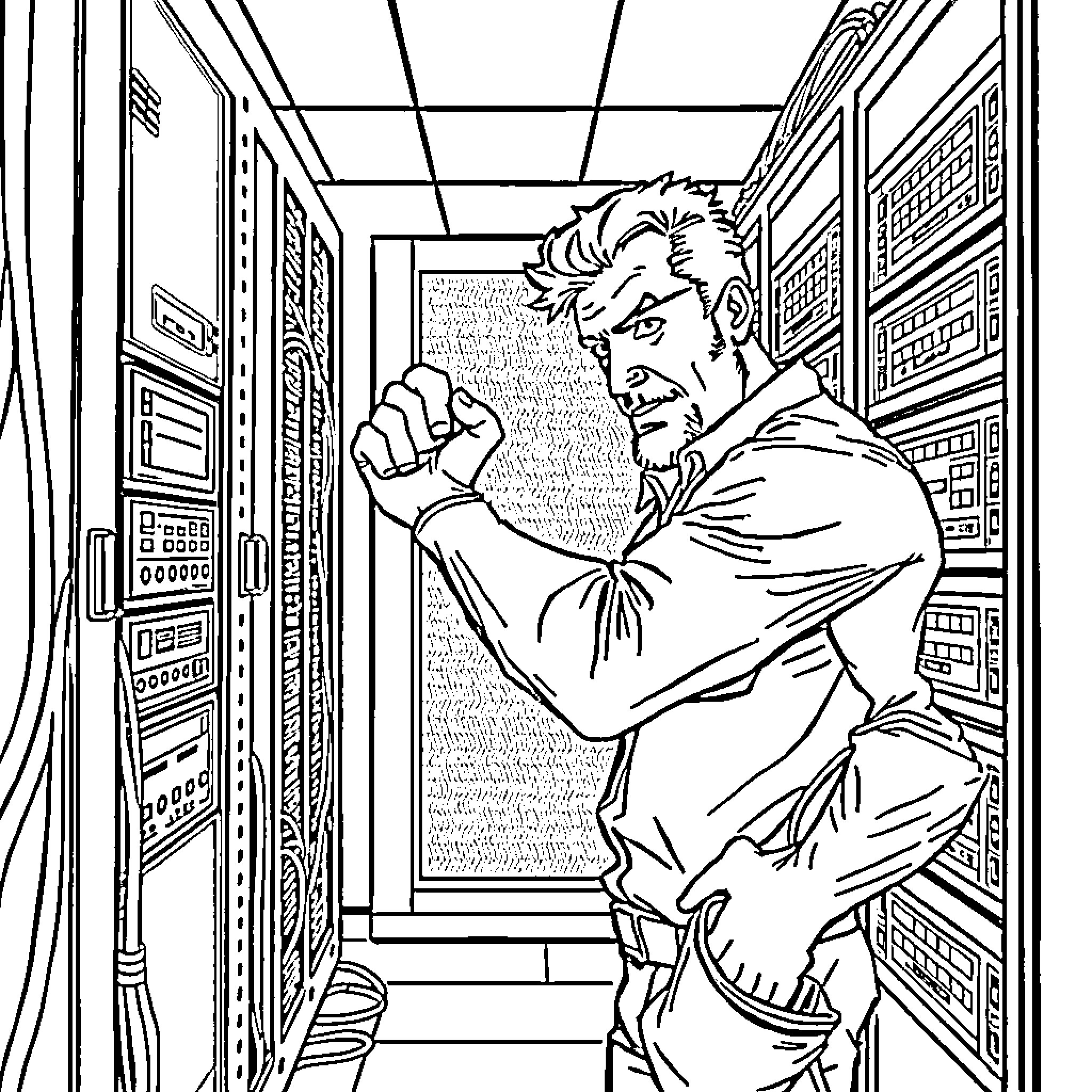 IT Expert Troubleshooting Computer Systems in Server Room Coloring Page (free black-and-white line drawing printable PDF for all, from beginners to advanced learners, including children, teens, adults, and seniors)
