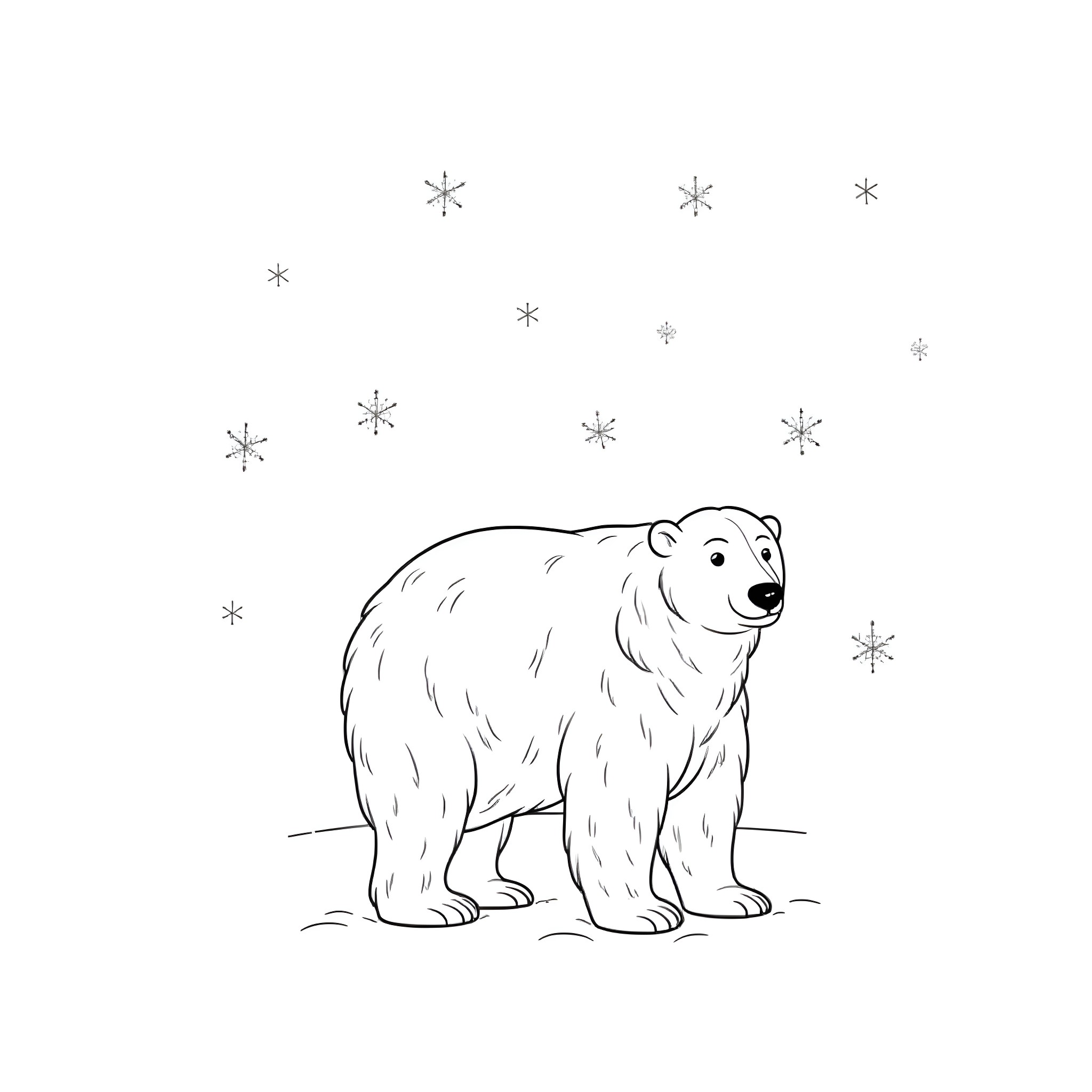 Polar Bear in Snowy Winter Scene Coloring Page (free black-and-white line drawing printable PDF for all, from beginners to advanced learners, including children, teens, adults, and seniors)