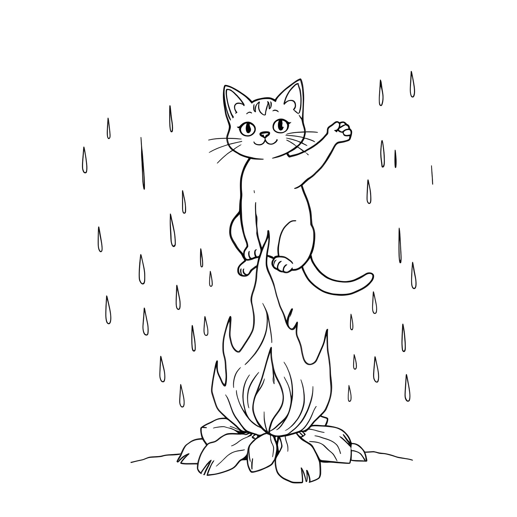 Cat playing with fire in the rain Coloring Page (free black-and-white line drawing printable PDF for all, from beginners to advanced learners, including children, teens, adults, and seniors)