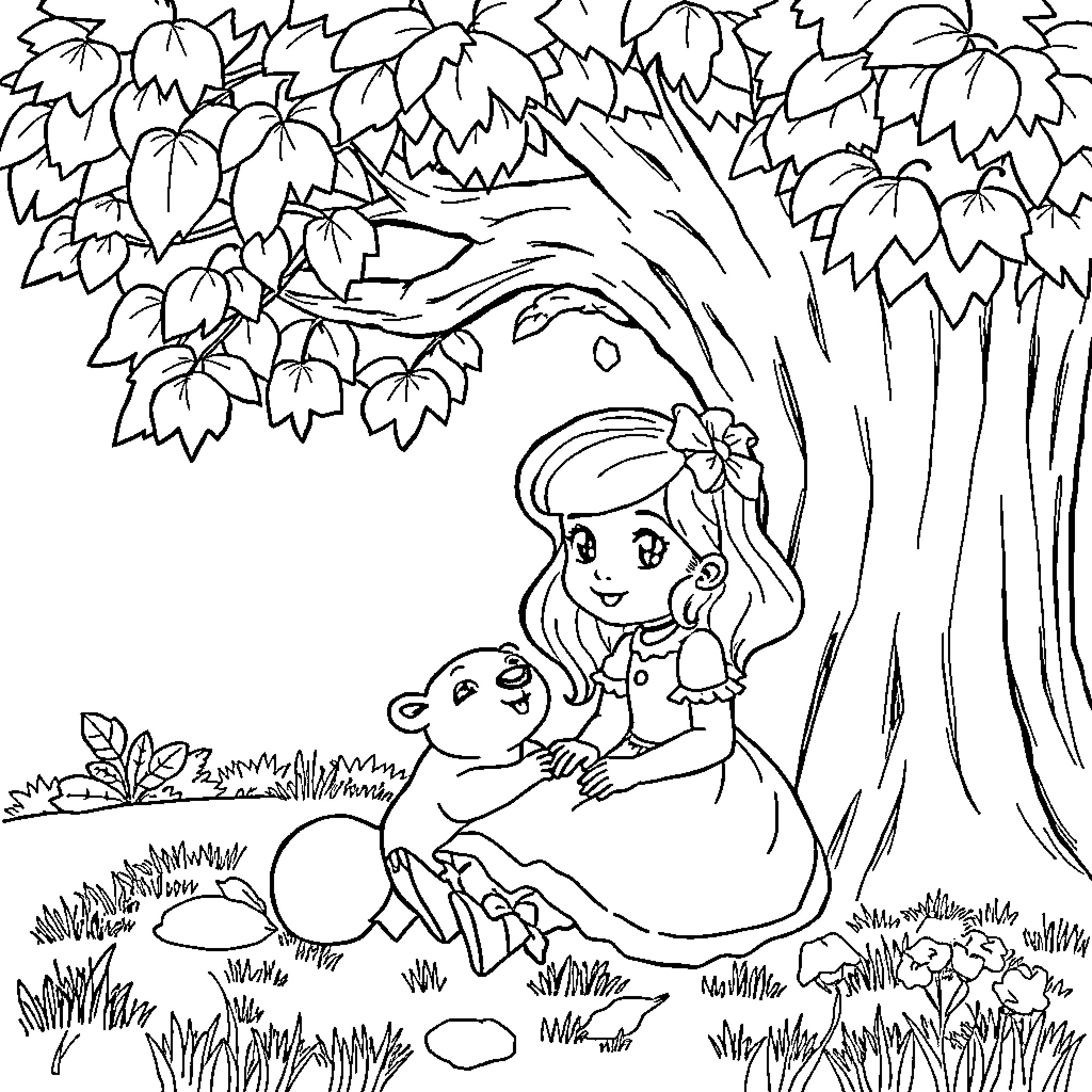 Fraisinette's Adventures in the Enchanted Forest Coloring Page (free black-and-white line drawing printable PDF for all, from beginners to advanced learners, including children, teens, adults, and seniors)