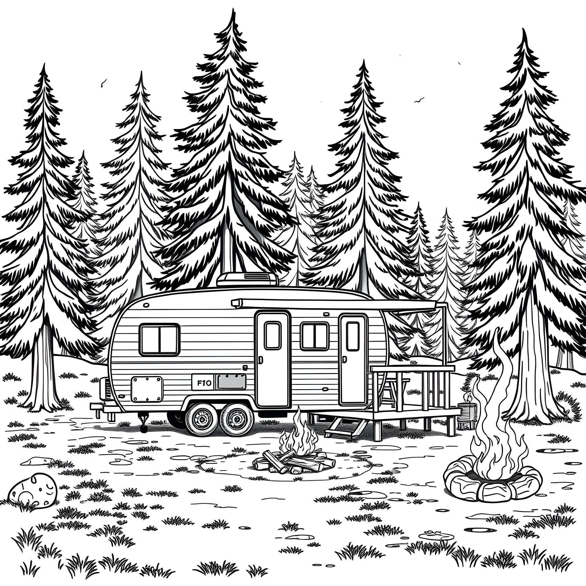 Trailer camping in the peaceful forest Coloring Page (free black-and-white line drawing printable PDF for all, from beginners to advanced learners, including children, teens, adults, and seniors)