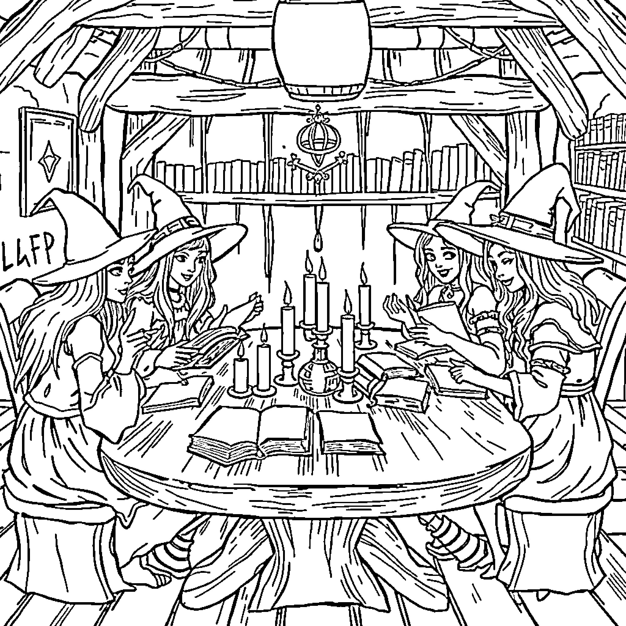 Witches Casting Spells in Magical Abode Coloring Page (free black-and-white line drawing printable PDF for all, from beginners to advanced learners, including children, teens, adults, and seniors)