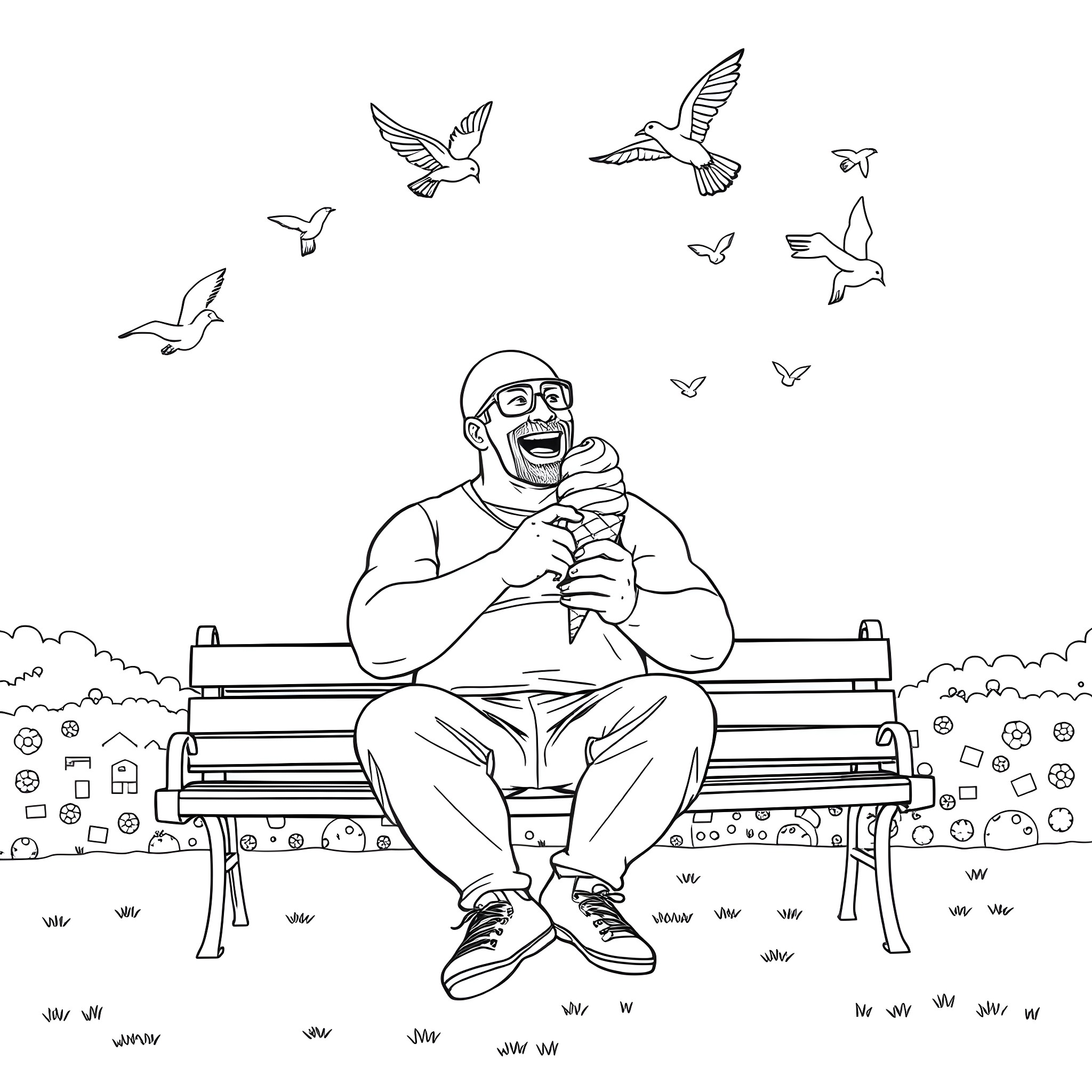 Hulk Hogan Enjoying a Peaceful Moment on a Park Bench Coloring Page (free black-and-white line drawing printable PDF for all, from beginners to advanced learners, including children, teens, adults, and seniors)