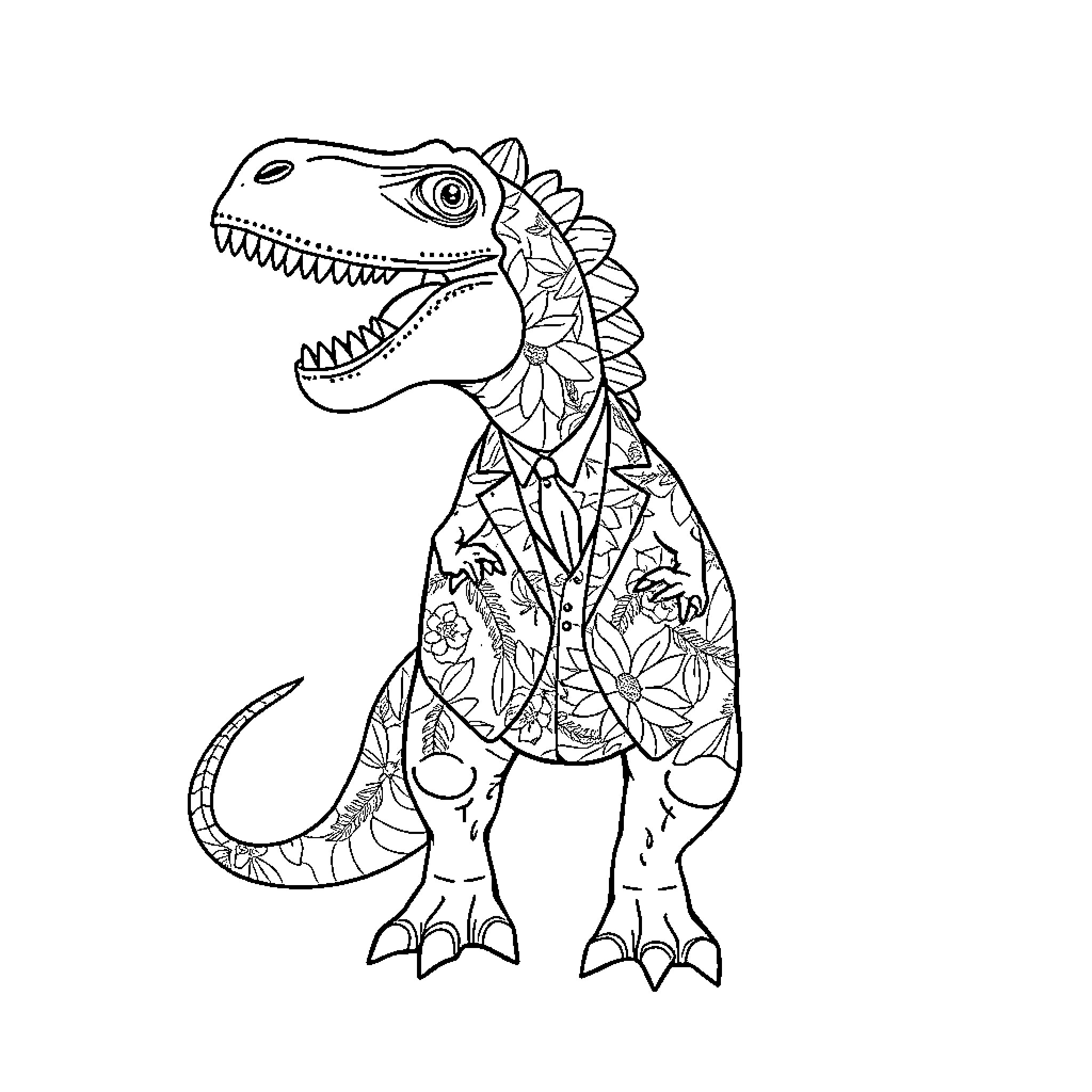 Dinosaur with floral patterns and expressions Coloring Page (free black-and-white line drawing printable PDF for all, from beginners to advanced learners, including children, teens, adults, and seniors)