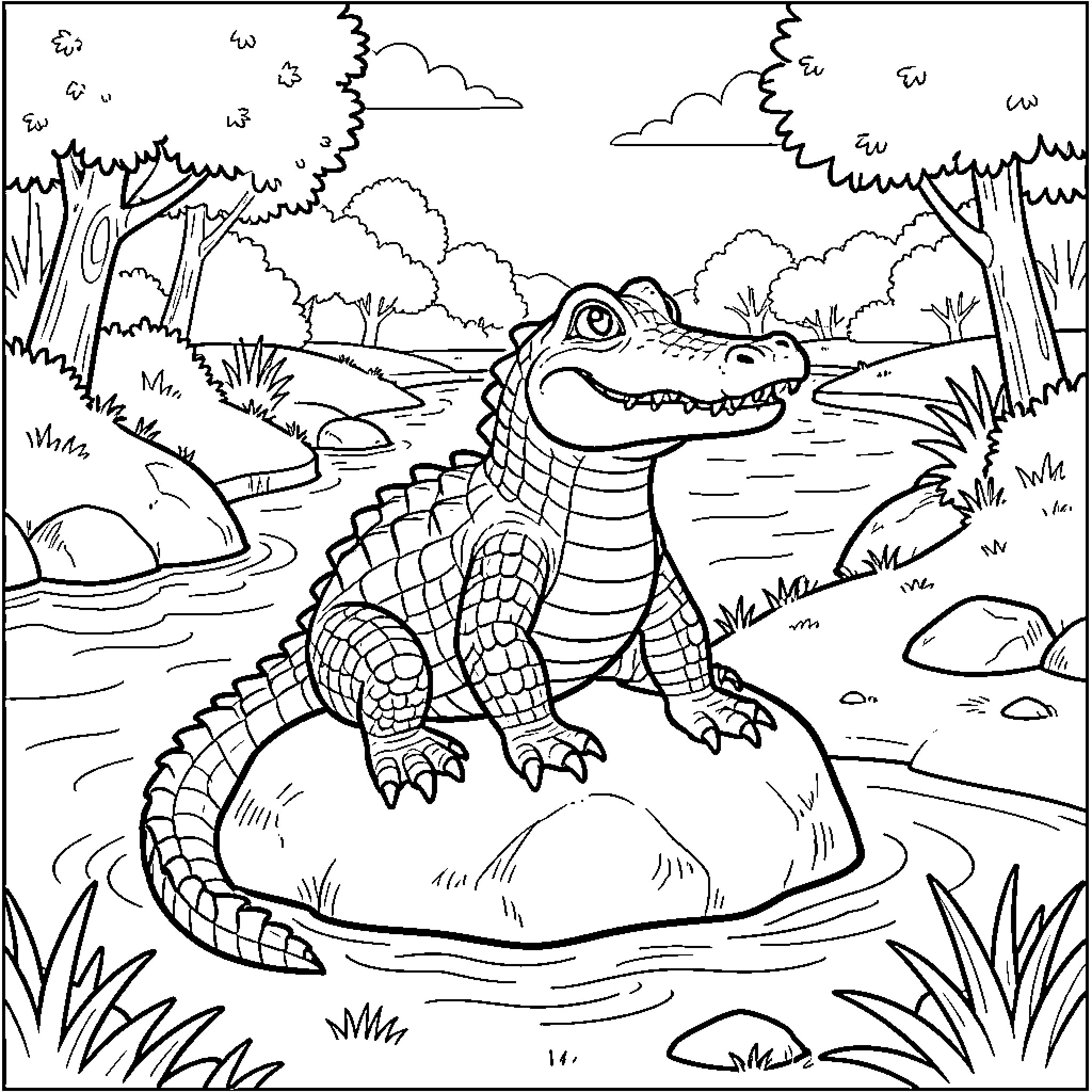 Crocodile sitting happily on a rock by the river Coloring Page (free black-and-white line drawing printable PDF for all, from beginners to advanced learners, including children, teens, adults, and seniors)