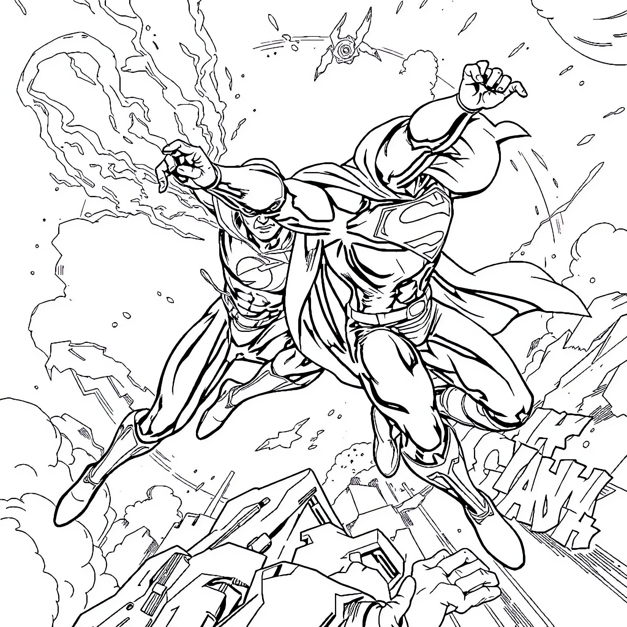 Flash heroic action amid cityscape ruins Coloring Page (free black-and-white line drawing printable PDF for all, from beginners to advanced learners, including children, teens, adults, and seniors)