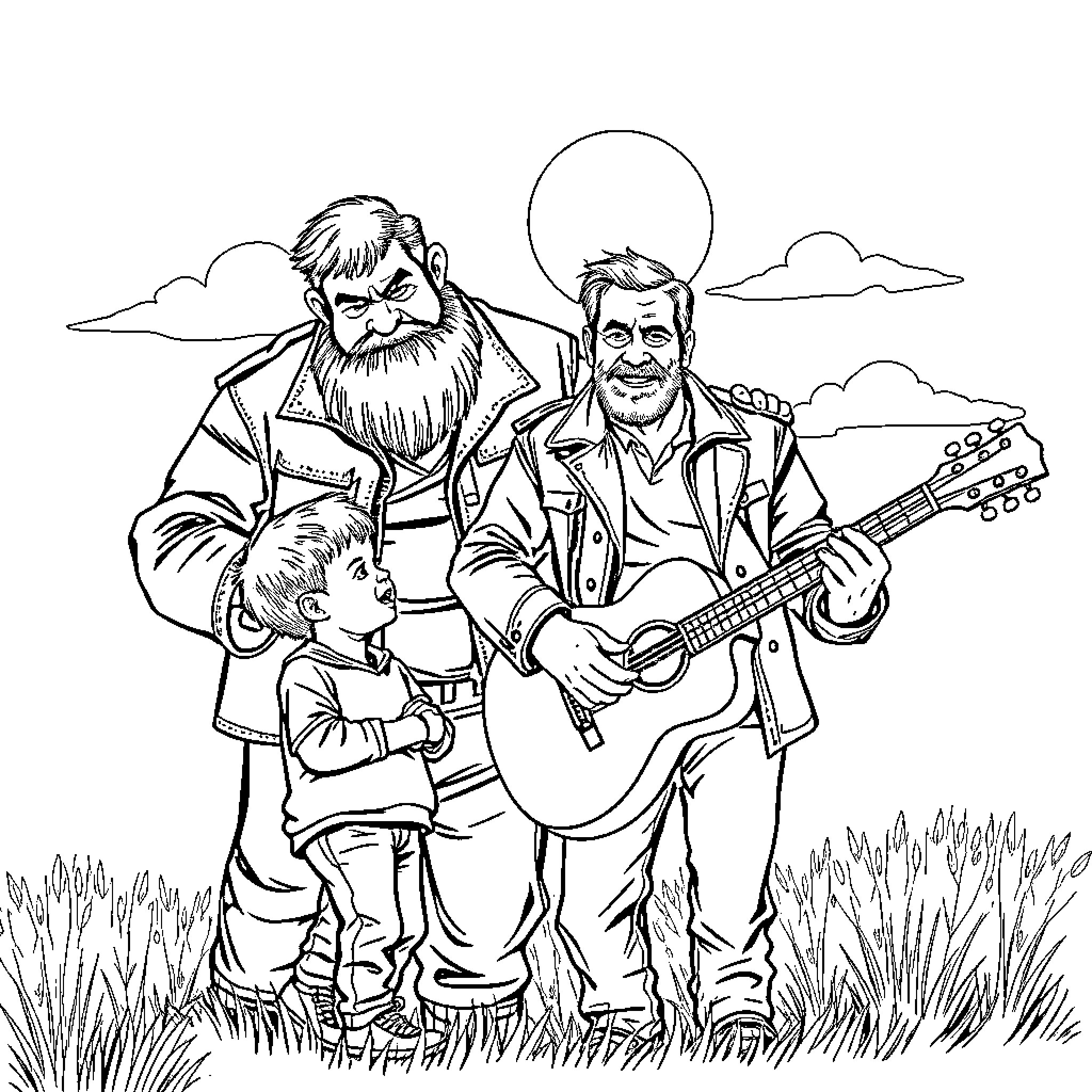 Boy learns guitar from bearded musician in nature Coloring Page (free black-and-white line drawing printable PDF for all, from beginners to advanced learners, including children, teens, adults, and seniors)