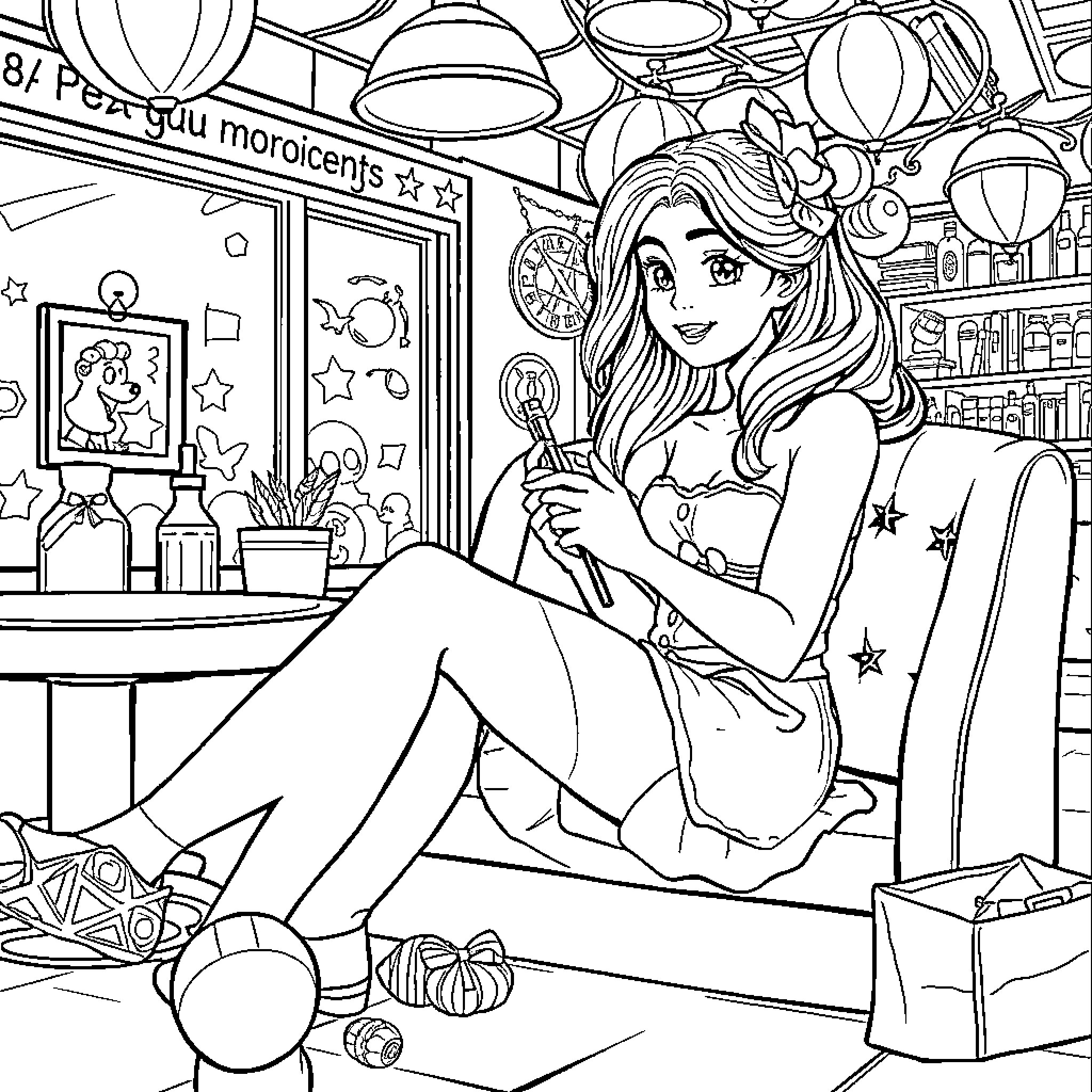 Chica relaxing in a cozy bedroom Coloring Page (free black-and-white line drawing printable PDF for all, from beginners to advanced learners, including children, teens, adults, and seniors)