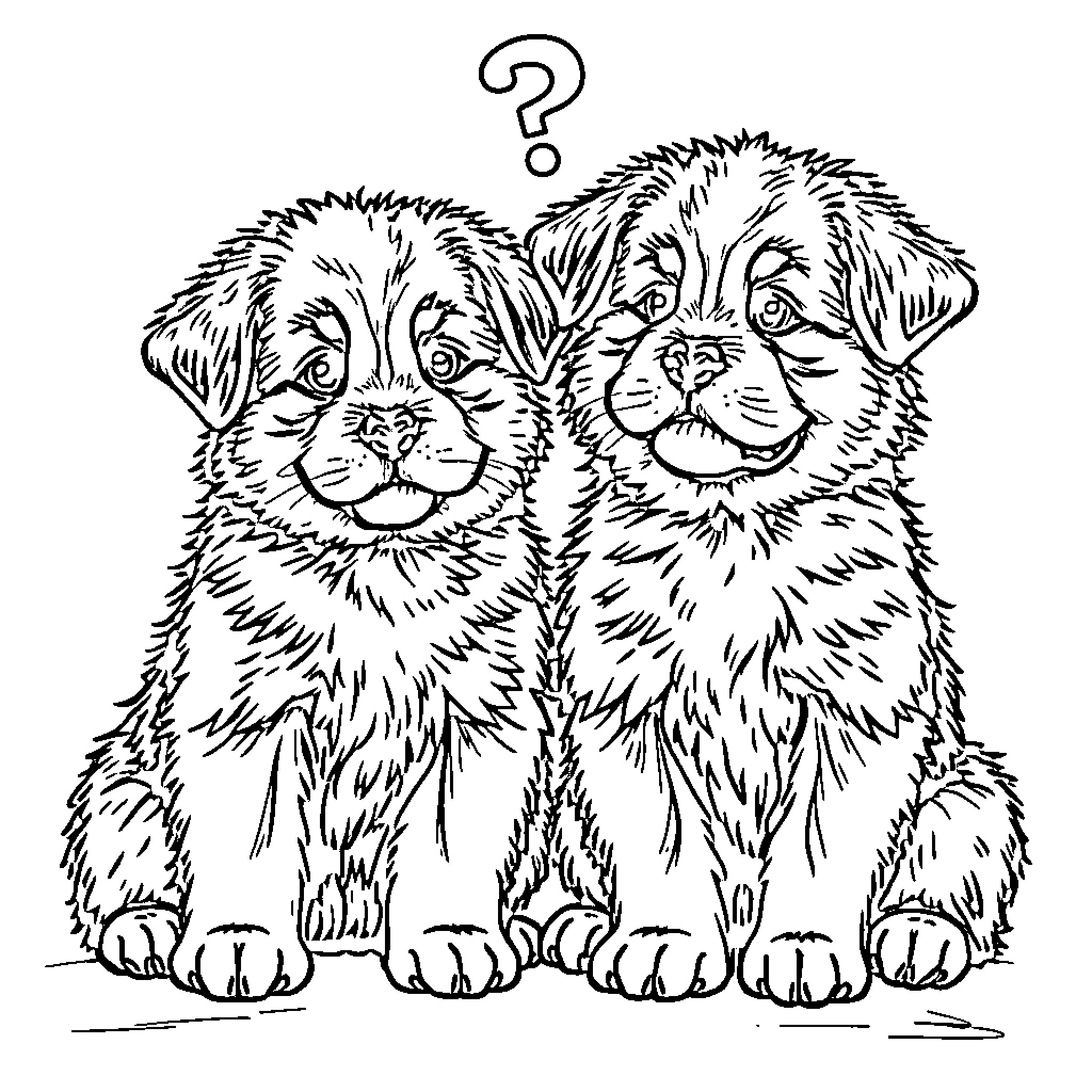 Puppy siblings sharing a curious look Coloring Page (free black-and-white line drawing printable PDF for all, from beginners to advanced learners, including children, teens, adults, and seniors)