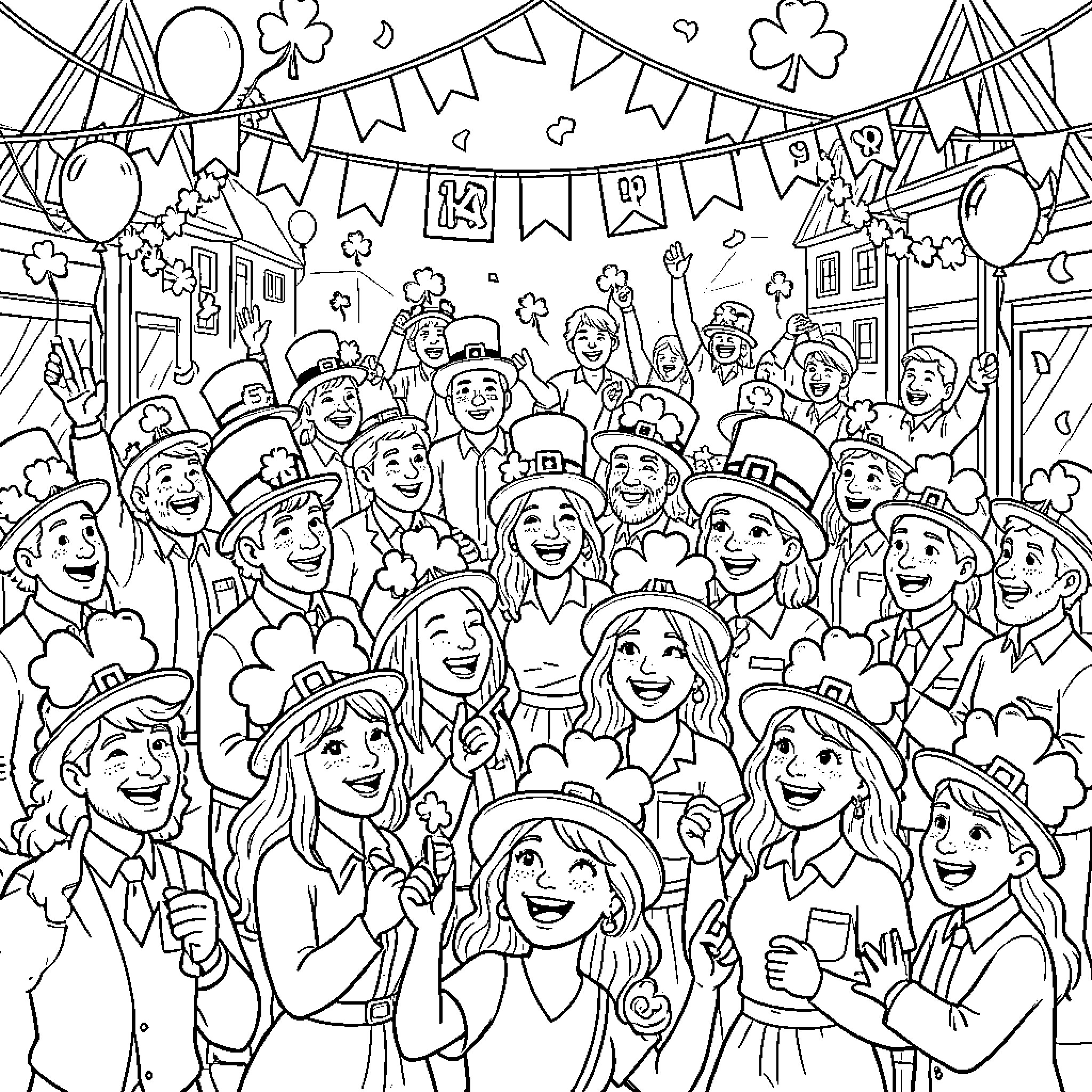 Saint Patrick's Day Celebration with a Joyful Crowd Coloring Page (free black-and-white line drawing printable PDF for all, from beginners to advanced learners, including children, teens, adults, and seniors)