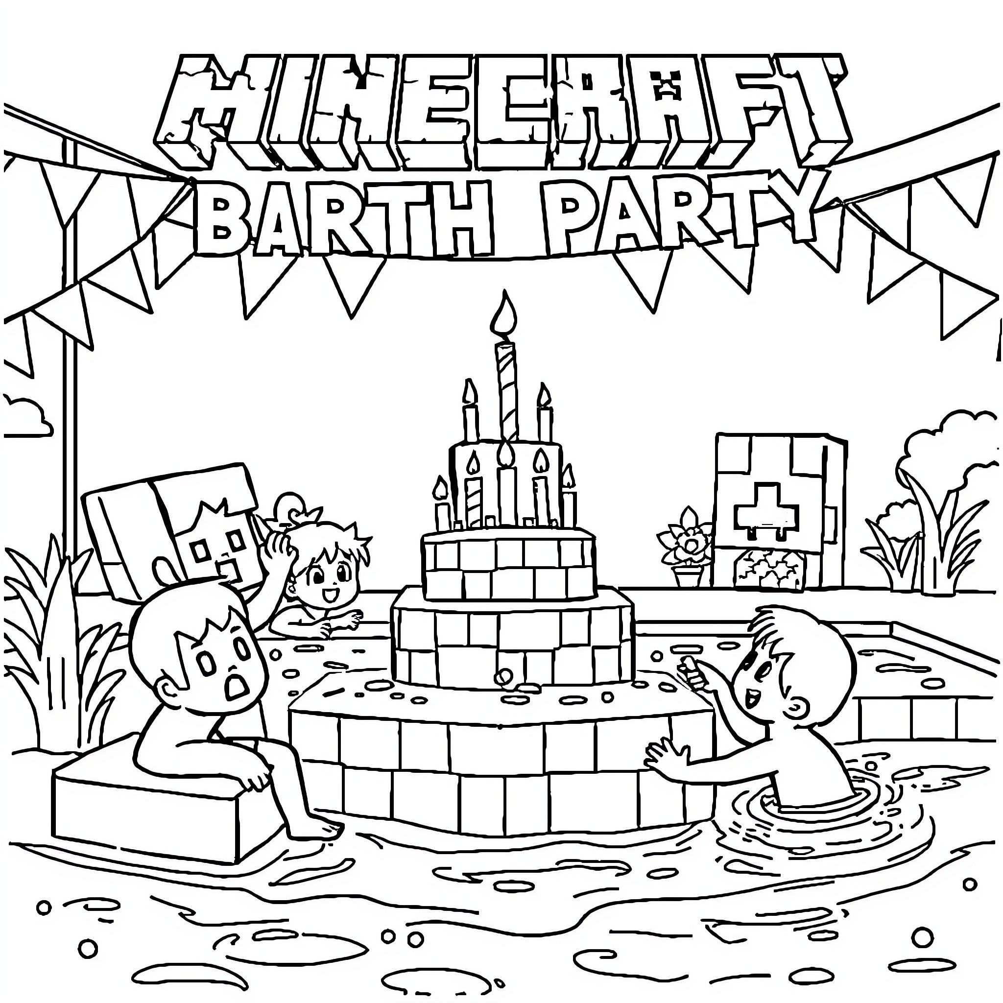 Minecraft birthday party celebration Coloring Page (free black-and-white line drawing printable PDF for all, from beginners to advanced learners, including children, teens, adults, and seniors)